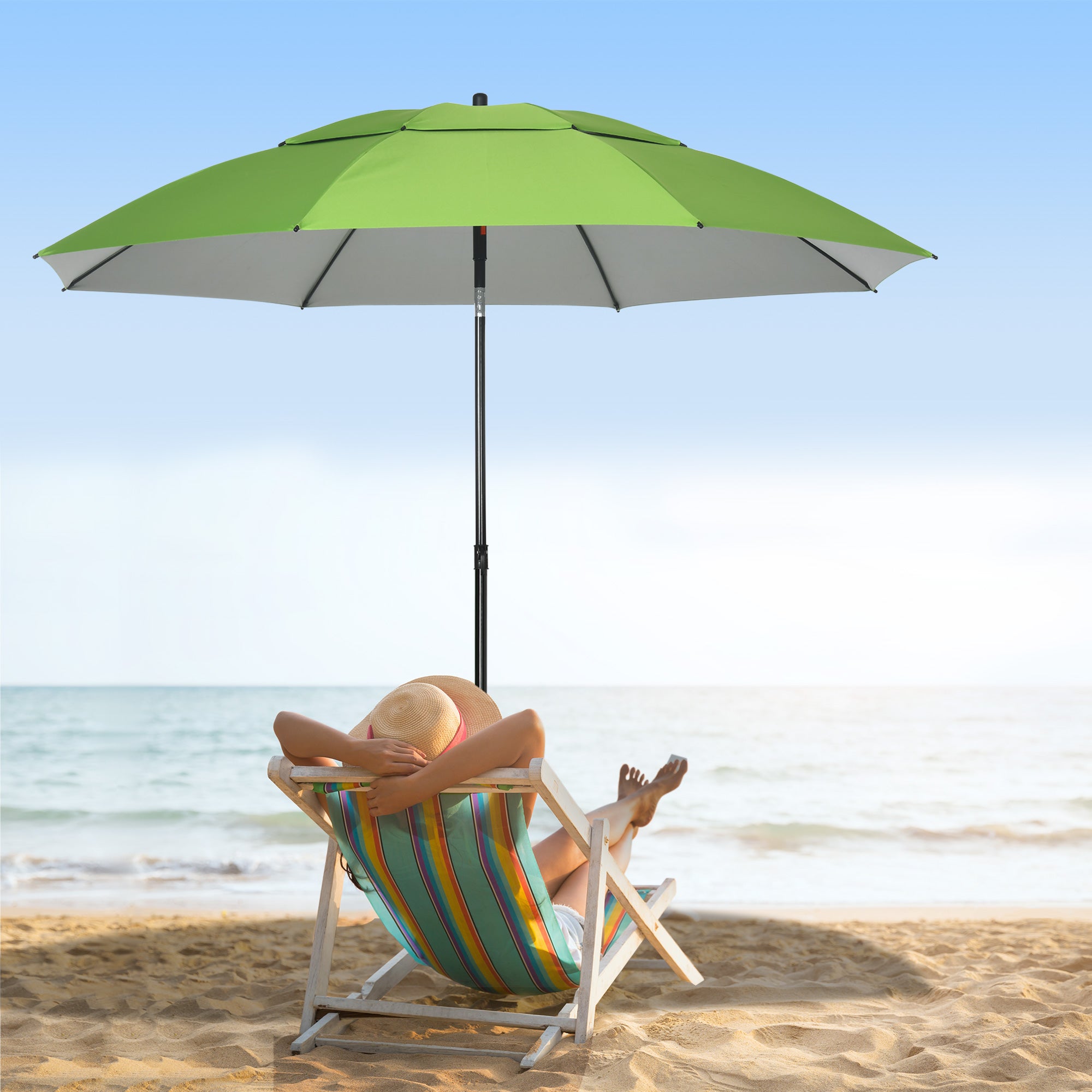 Beach Umbrella Outdoor Round Tiltable Metal UV30 Protection, 8 Steel Ribs and Carrying Bag Included, Ø185 cm, Green