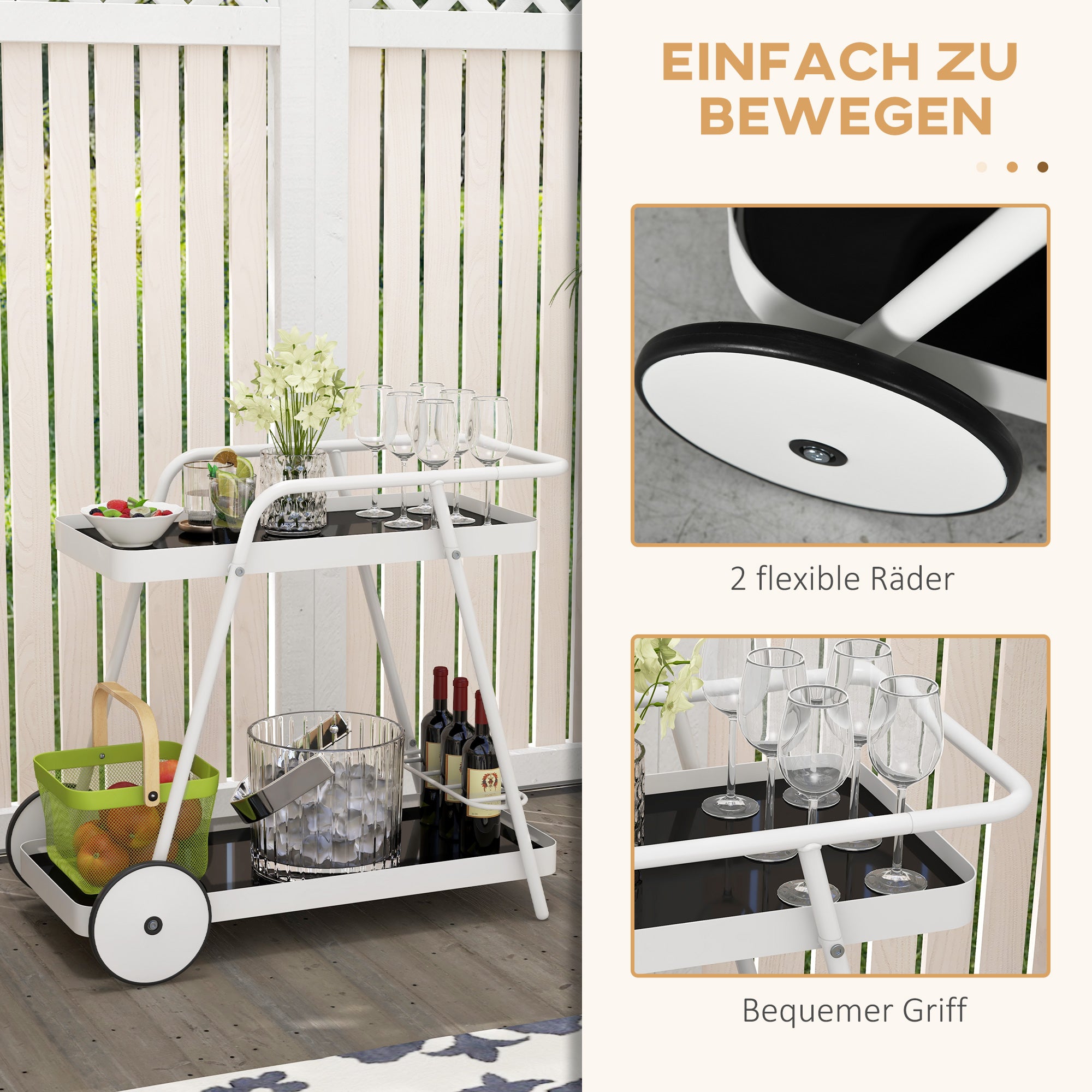 Outdoor Serving Cart, 2-Tier Rolling Cart, Wine Rack on Wheels, Steel Frame, for Pool, Party, Garden, 86.5 x 51 x 78 cm, Black+White