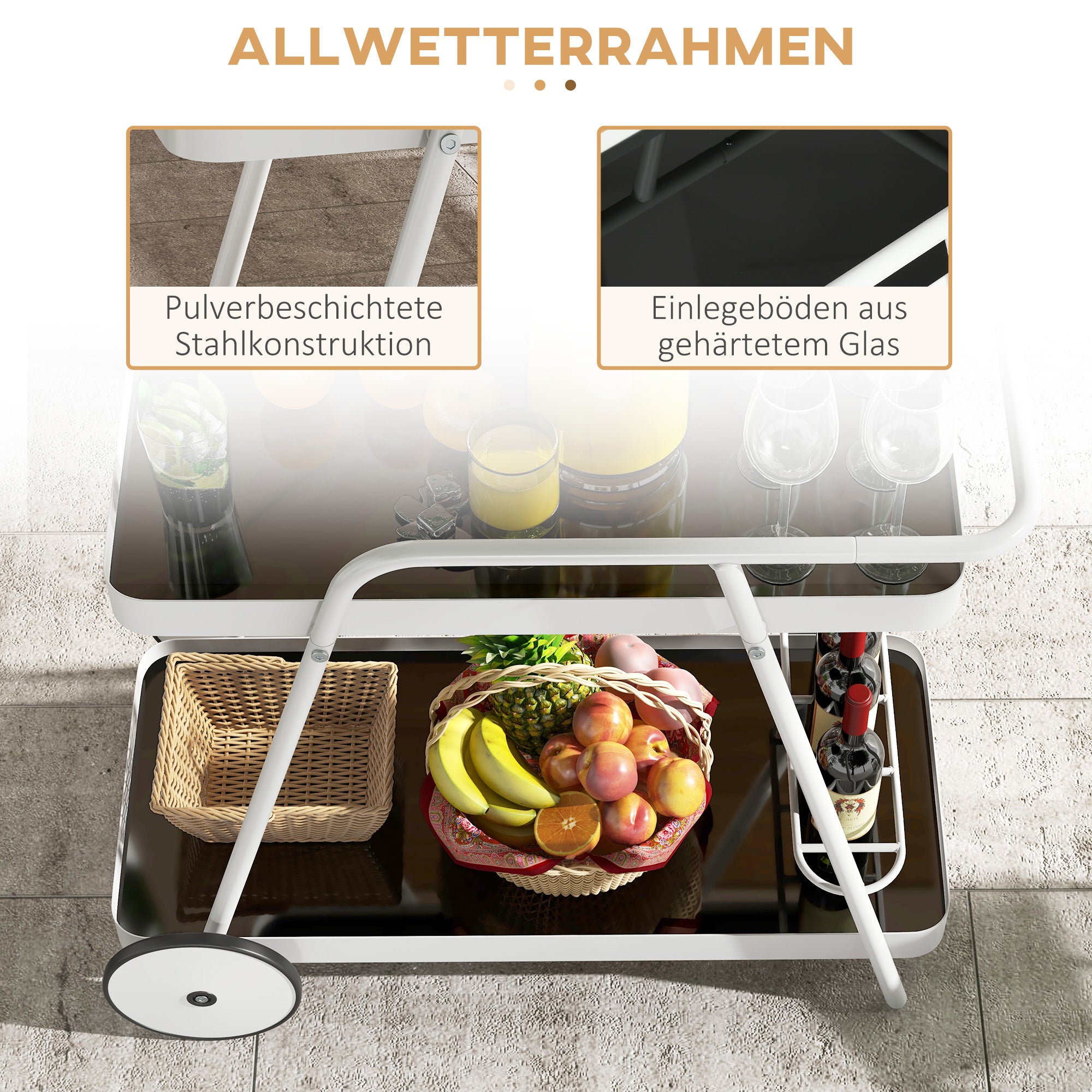 Outdoor Serving Cart, 2-Tier Rolling Cart, Wine Rack on Wheels, Steel Frame, for Pool, Party, Garden, 86.5 x 51 x 78 cm, Black+White