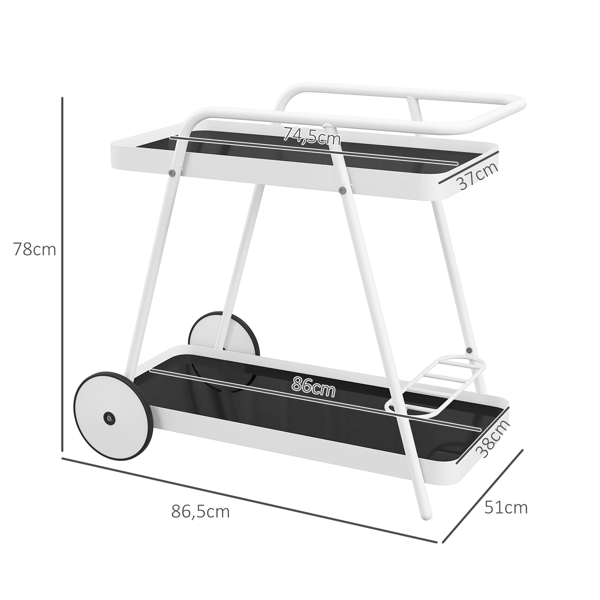 Outdoor Serving Cart, 2-Tier Rolling Cart, Wine Rack on Wheels, Steel Frame, for Pool, Party, Garden, 86.5 x 51 x 78 cm, Black+White