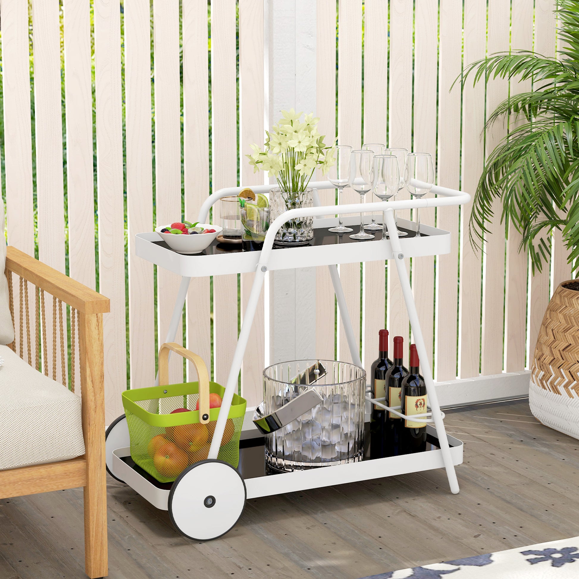 Outdoor Serving Cart, 2-Tier Rolling Cart, Wine Rack on Wheels, Steel Frame, for Pool, Party, Garden, 86.5 x 51 x 78 cm, Black+White