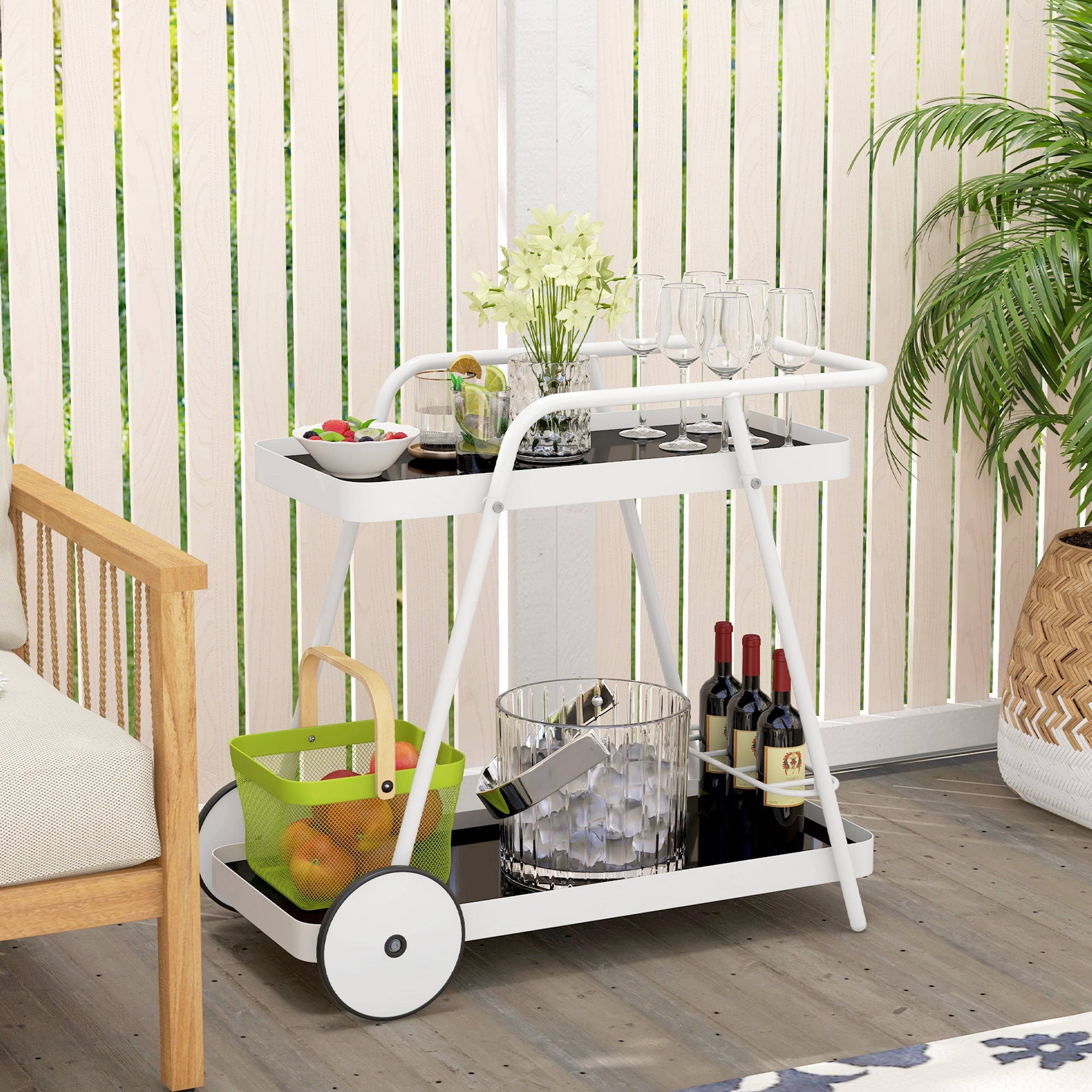 Outdoor Serving Cart, 2-Tier Rolling Cart, Wine Rack on Wheels, Steel Frame, for Pool, Party, Garden, 86.5 x 51 x 78 cm, Black+White