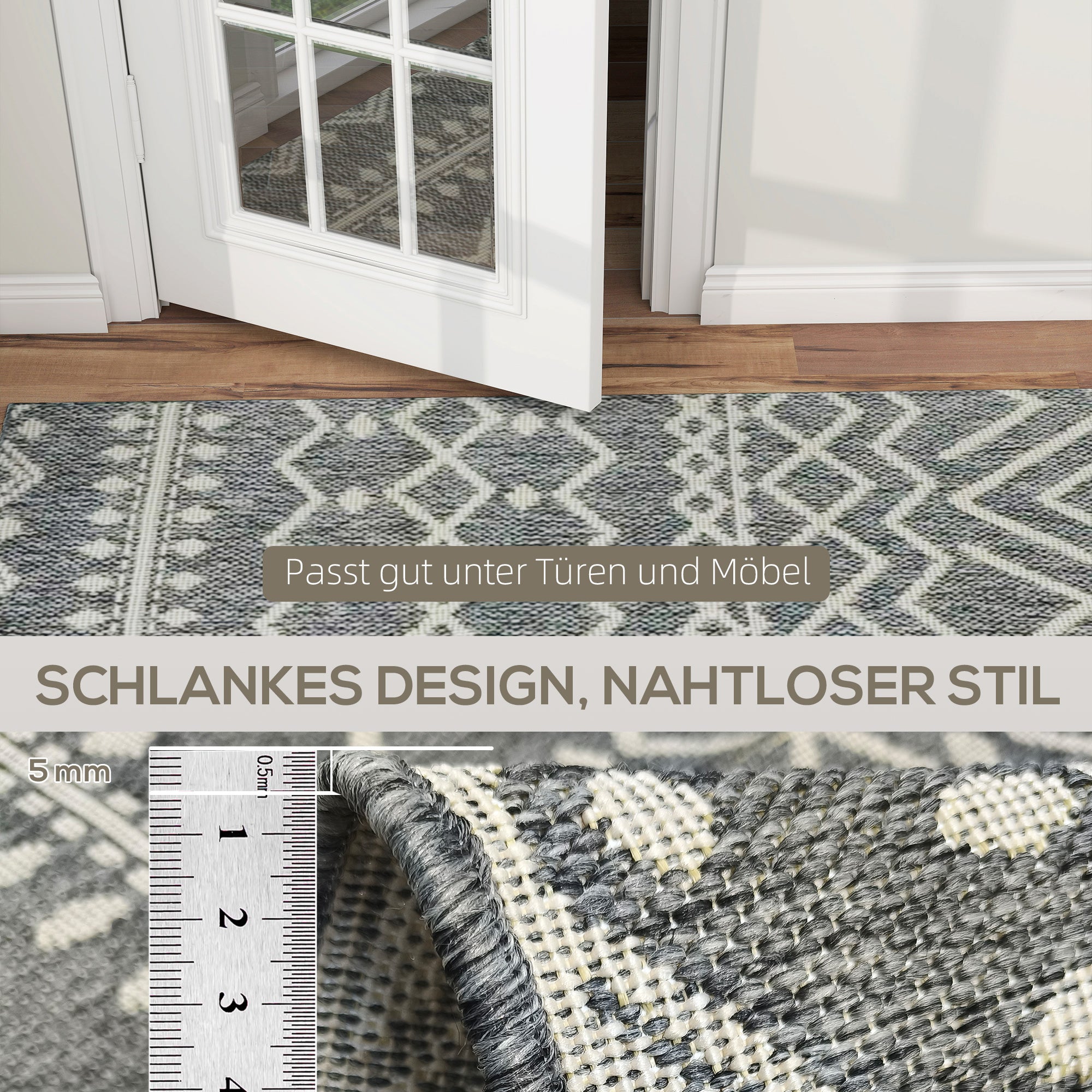 Flatweave Rug Washable Anti-Slip Kitchen Rug with Boho Design for Patio Balcony Living Room & Kitchen, 200 x 140 cm, Gray