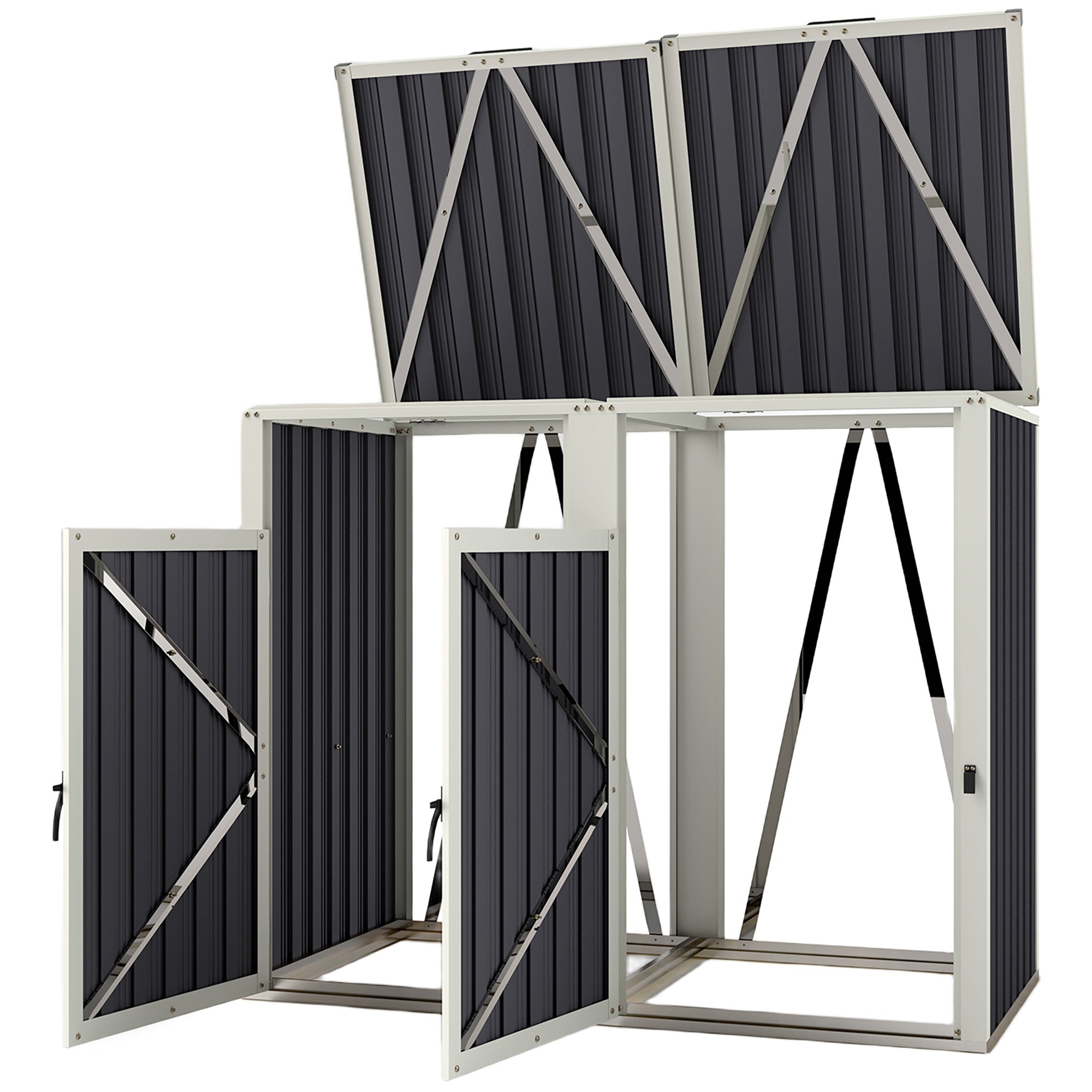 Outdoor Trash Can Cover for 2 Bins 240L, Outdoor Trash Can Cover, Doors with Handles, 180° Lift-Up Lids, Galvanized Steel, 146 x 81 x 122 cm, Dark Gray