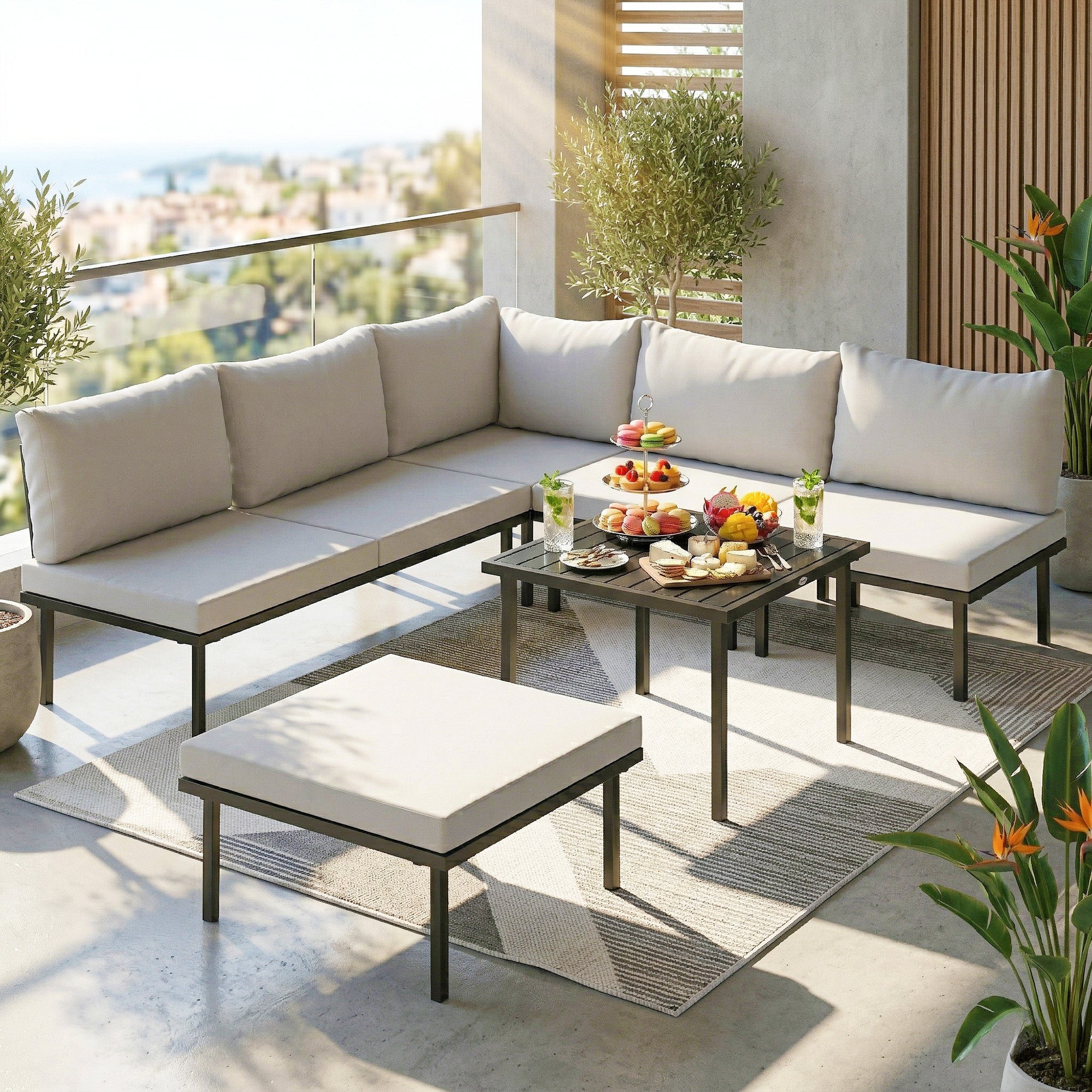 6-Piece Outdoor Lounge Set for 5–6 People — 2-Seat Sofa, Corner Chair, 2 Armless Chairs, Ottoman & Slatted Metal Coffee Table — Thick Cushions, Light Gray