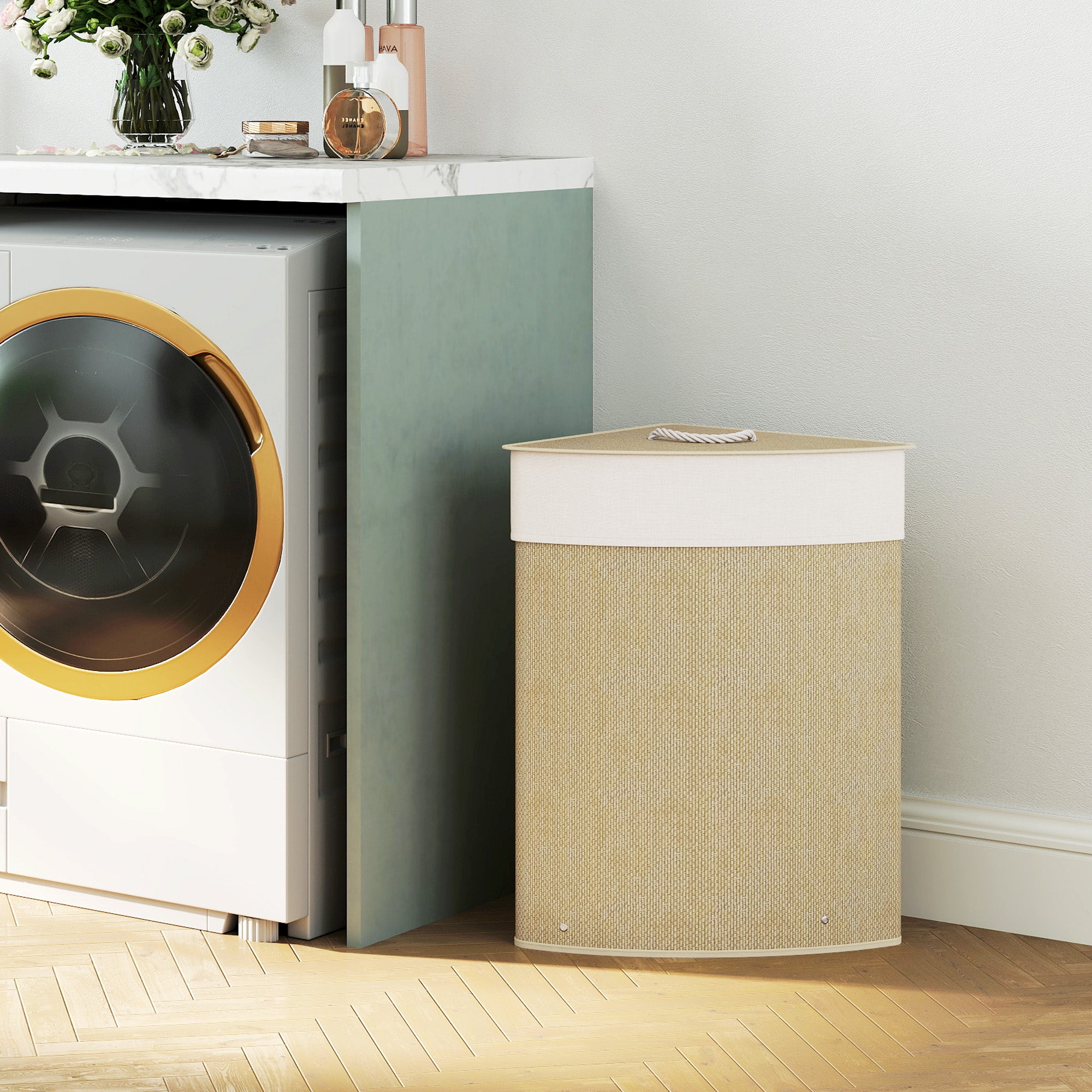 Bamboo Laundry Hamper 55 L – Triangle Corner Design with Removable Washable Liner, Lid & Handle, 35 x 35 x 60 cm (13.8 x 13.8 x 23.6 in), Natural