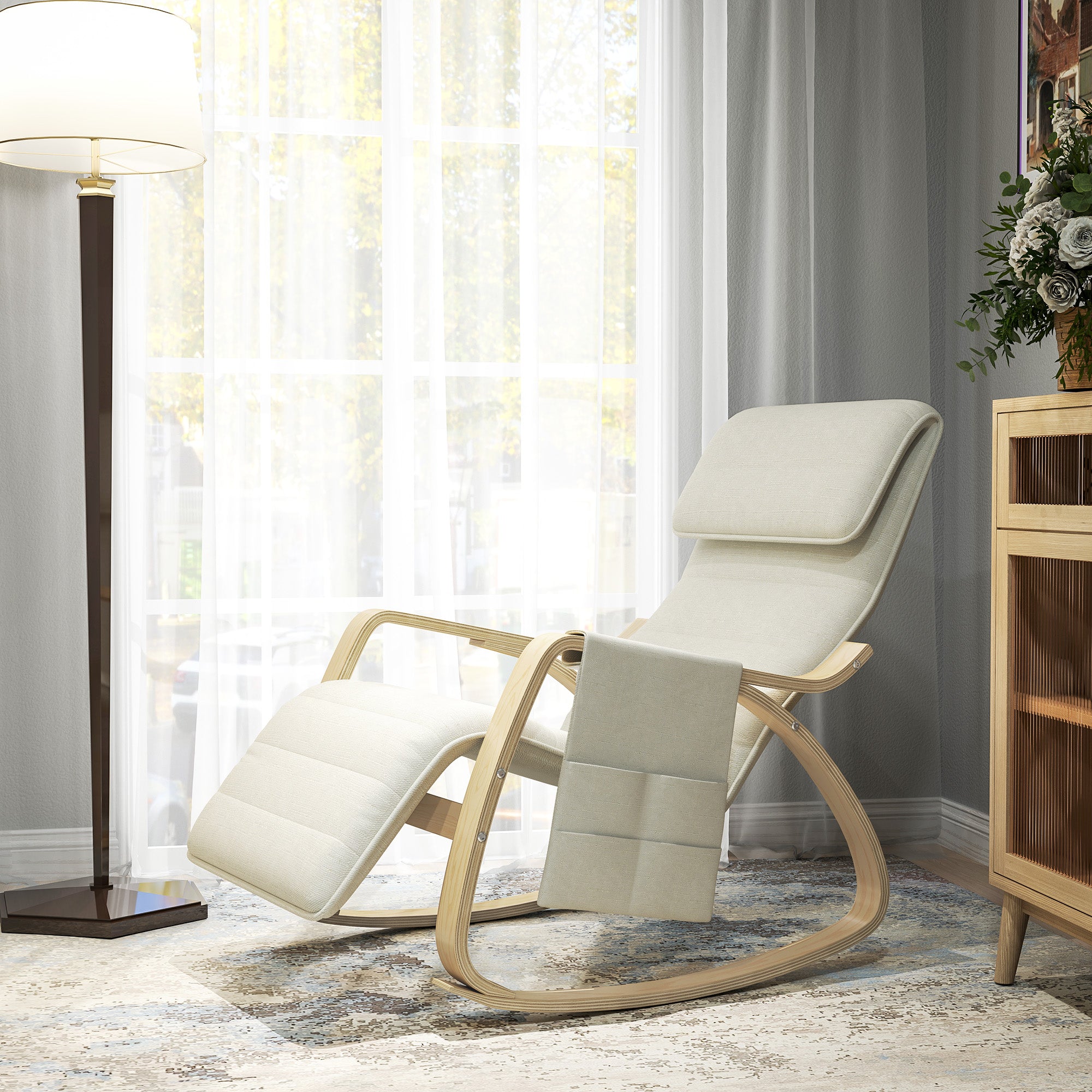 Rocking Chair Nursing Relax Lounge Chair with Adjustable Footrest, Side Pocket, and Headrest, Rocking Chair for Bedroom, 67 x 110 x 91 cm Cream
