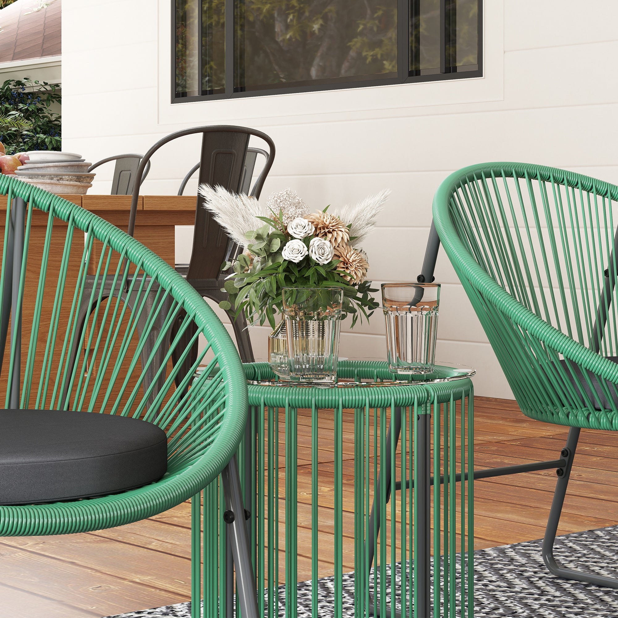 Poly Rattan Garden Furniture Set, Outdoor Balcony Furniture for 2 People, 3-Piece Bistro Set Seating Group with 2 Chairs, Side Table, Seat Cushions, Weatherproof Garden Furniture for Garden, Balcony, Green