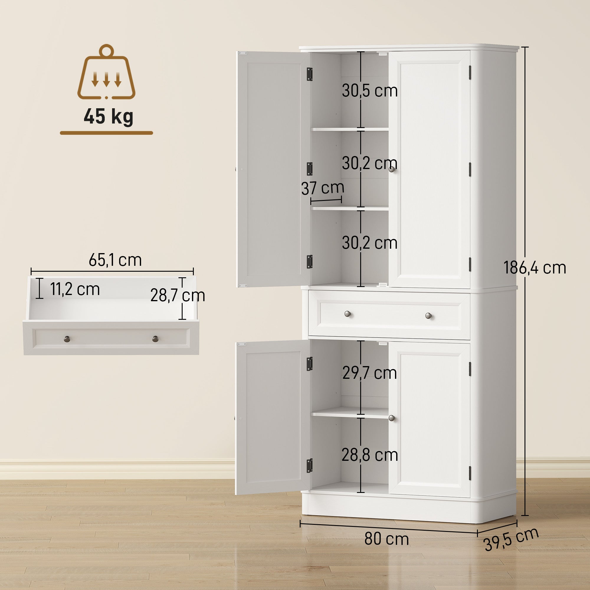 73.4" Tall Kitchen Pantry Cabinet, 4-Door Buffet with Drawer & Adjustable Shelves, White - 31.5 x 15.6 x 73.4 in (80 x 39.5 x 186.4 cm)