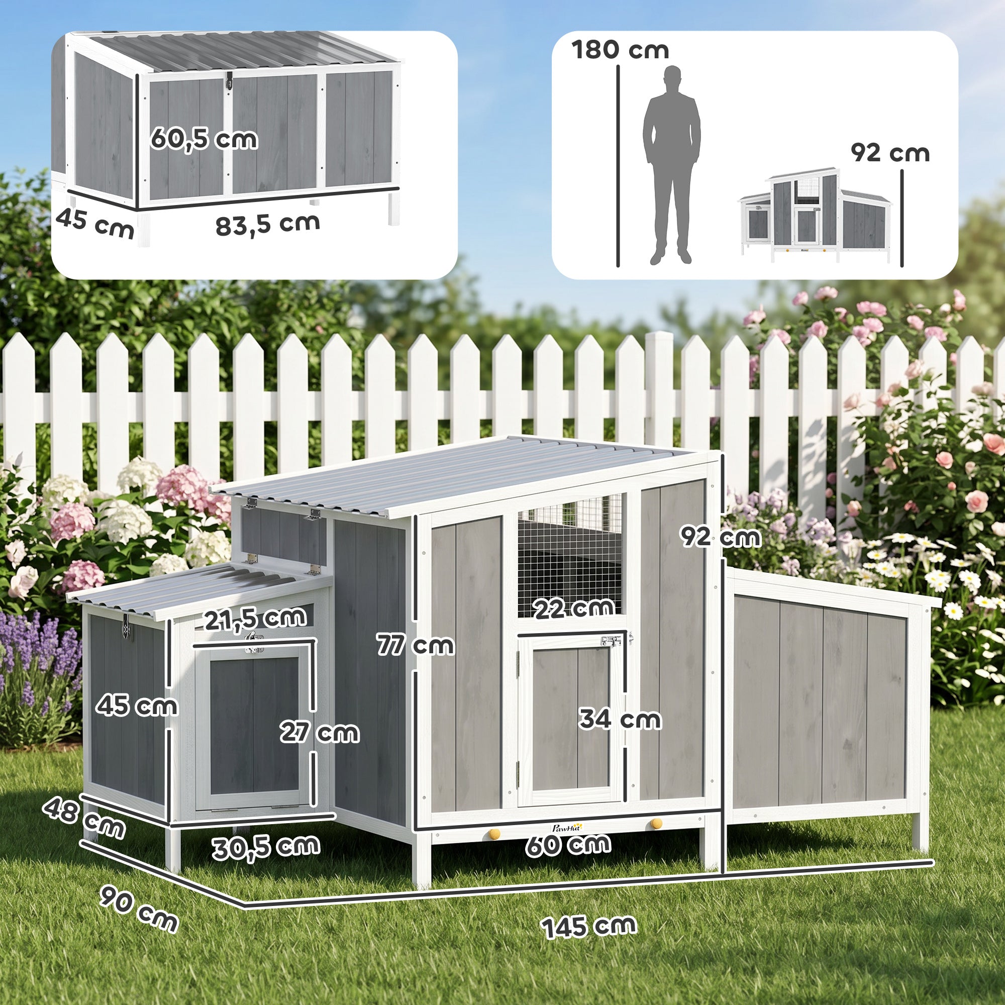 Wooden Chicken Coop with Run, 57.1 x 35.4 x 36.2 in — Elevated Weatherproof PET Roof, Lockable Doors, Nesting Box & Roosts for 3–4 Hens, Gray