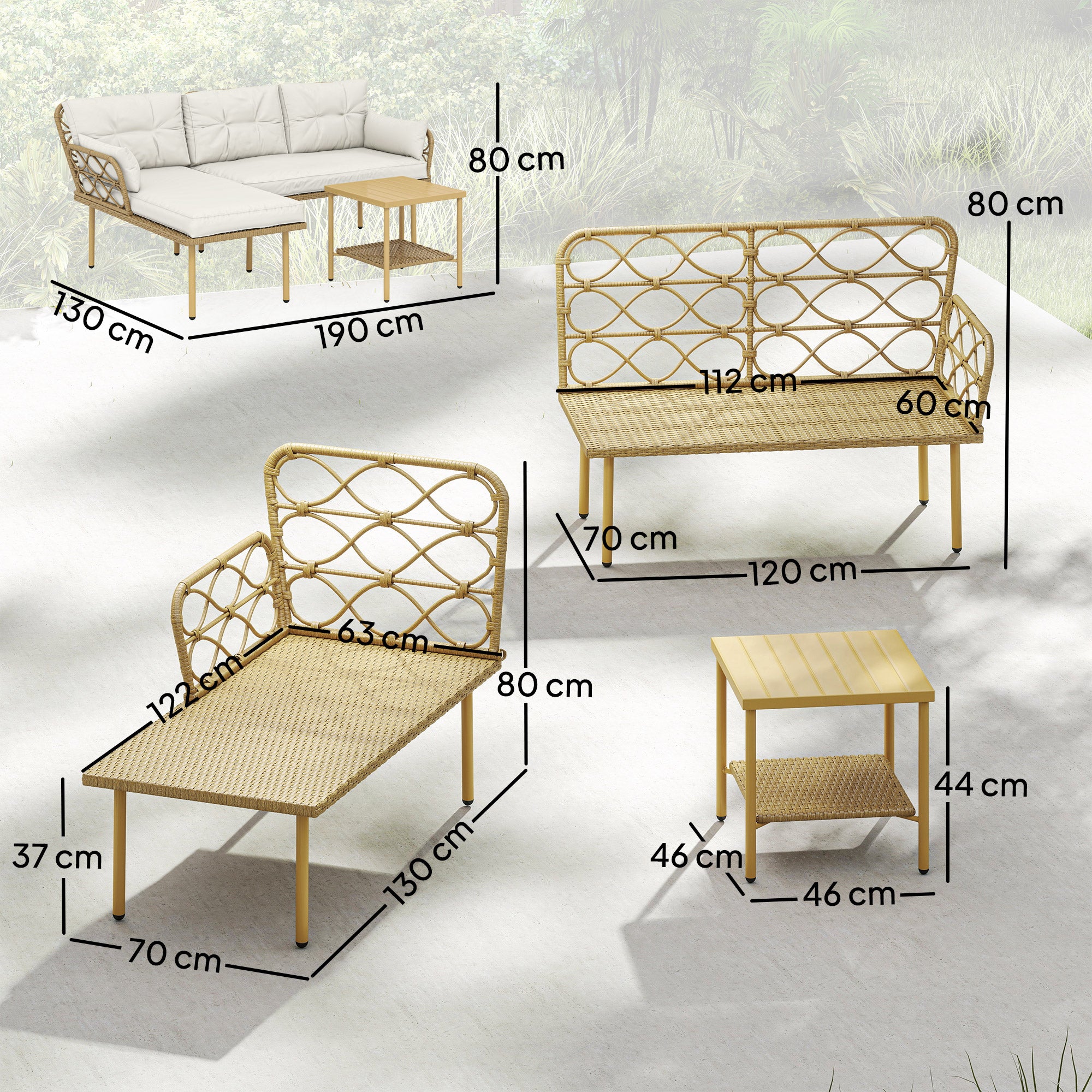 3-Piece PE Rattan Outdoor Patio Set — Chaise Lounge, 2-Seat Sofa & 2-Tier Metal Coffee Table with Cushions, UV-Resistant, Cream