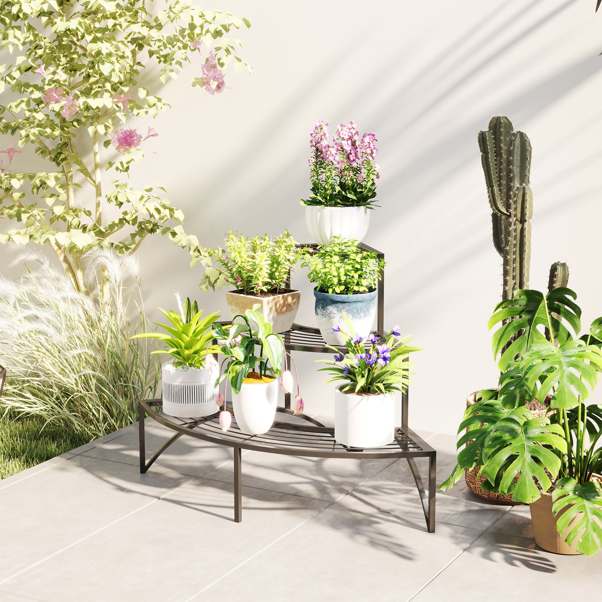 3-Tier Plant Stand, Flower Stand for Indoor Outdoor, Metal Plant Shelf, Multi-tier Flower Rack, 60 cm tall Flower Staircase for Living Room, Garden Balcony Decor, Black