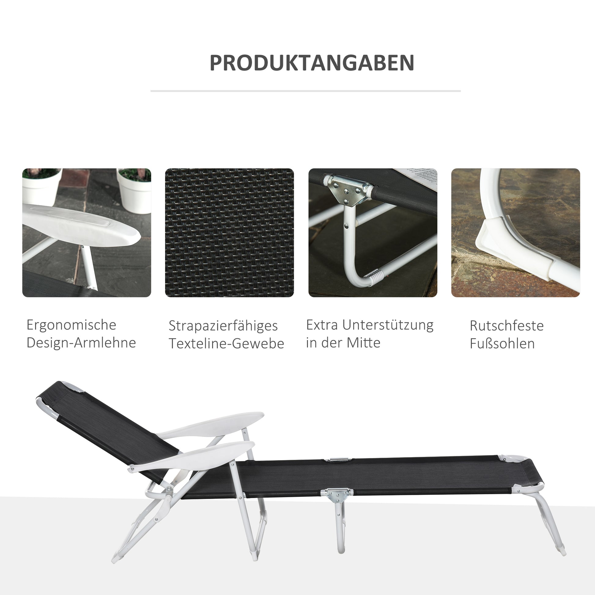 Reclining Chair Sun Lounger Foldable Beach Lounger 4-Position Garden Lounger Mesh Fabric Black 186 x 66 x 80 cm