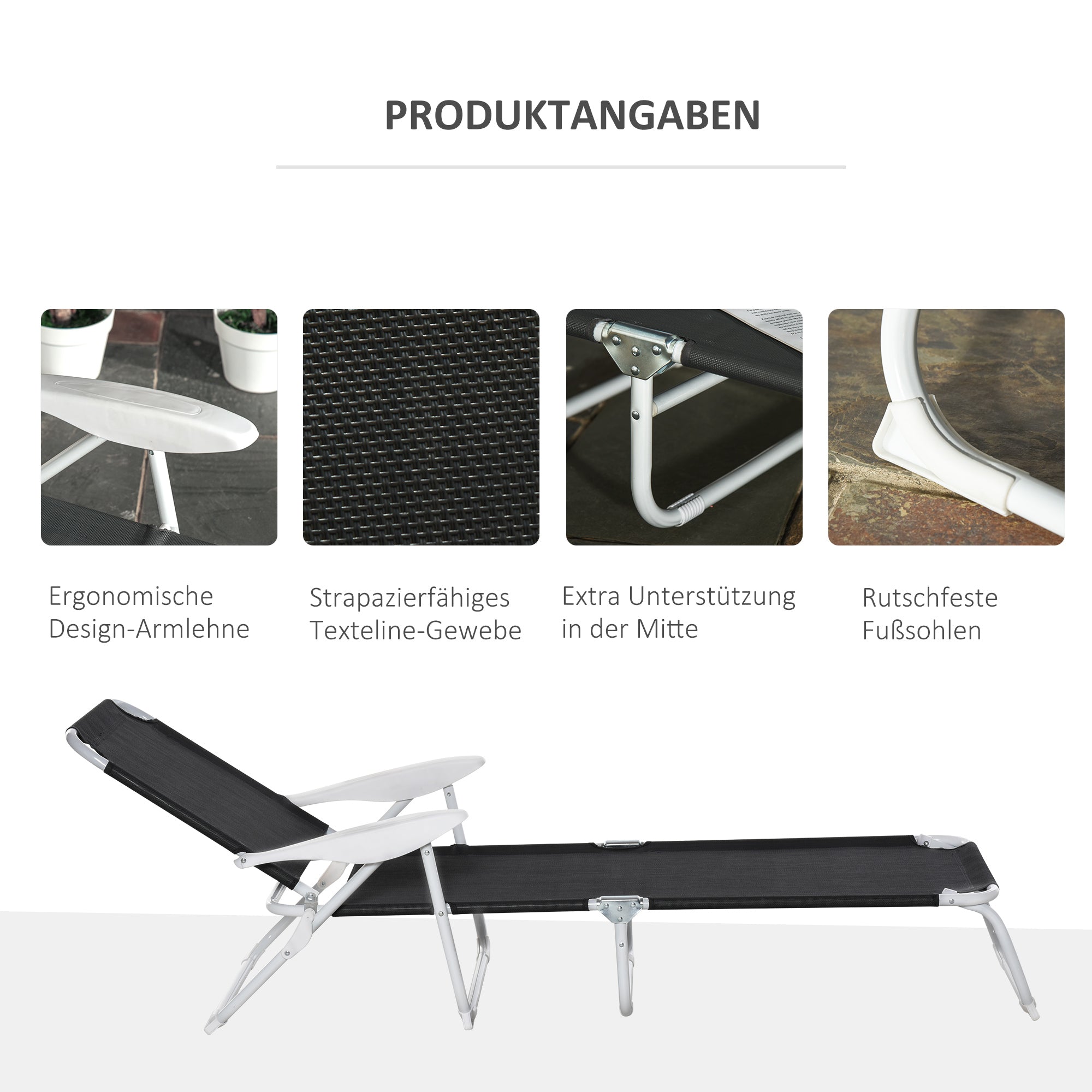 Reclining Chair Sun Lounger Foldable Beach Lounger 4-Position Garden Lounger Mesh Fabric Black 186 x 66 x 80 cm