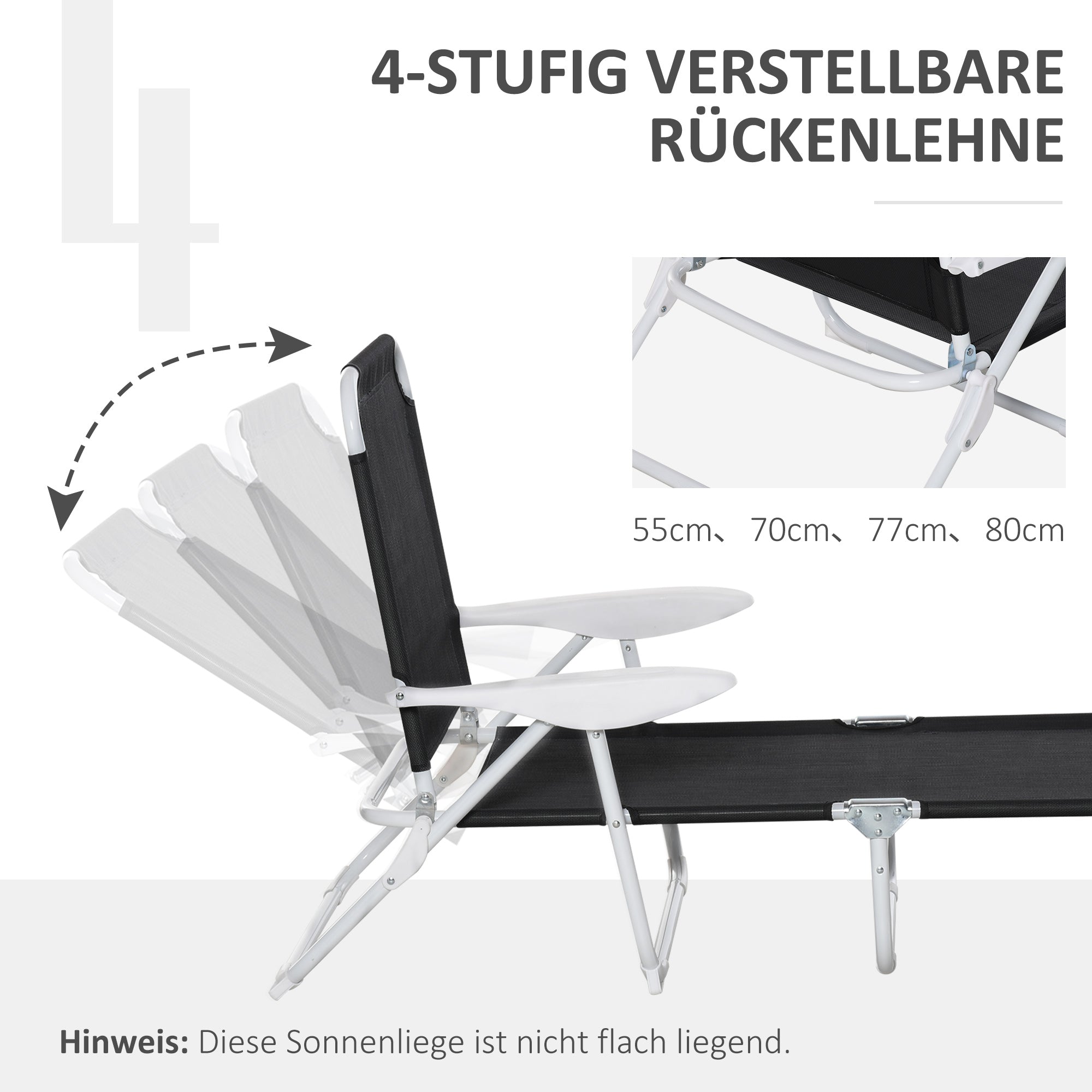 Reclining Chair Sun Lounger Foldable Beach Lounger 4-Position Garden Lounger Mesh Fabric Black 186 x 66 x 80 cm