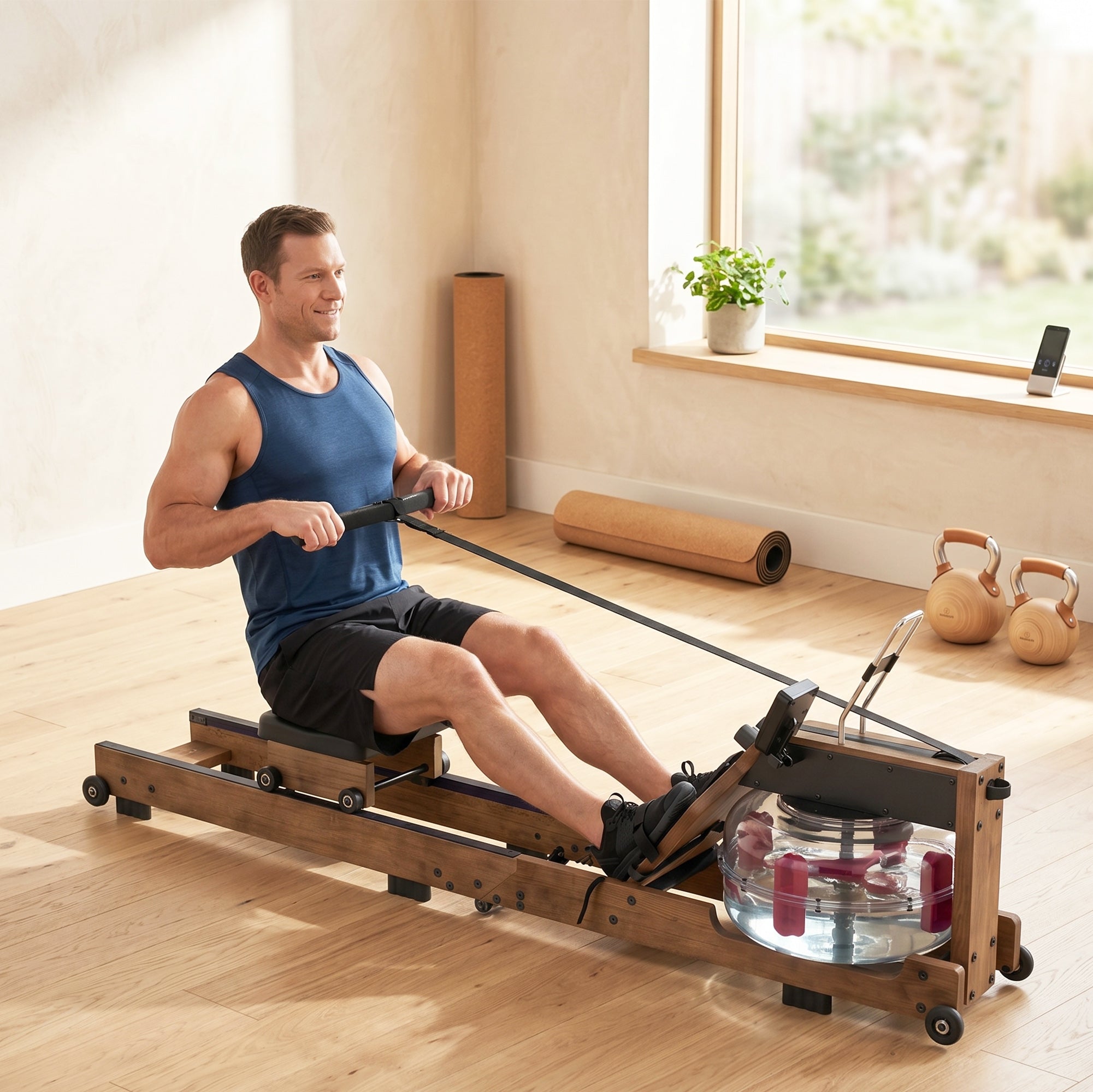 SPORTNOW Foldable Water Rower – Rubberwood Frame, Bluetooth App Compatible, Dual Aluminum Rails, LCD, Comfortable Padded Seat, Phone Holder, 348 lb Capacity