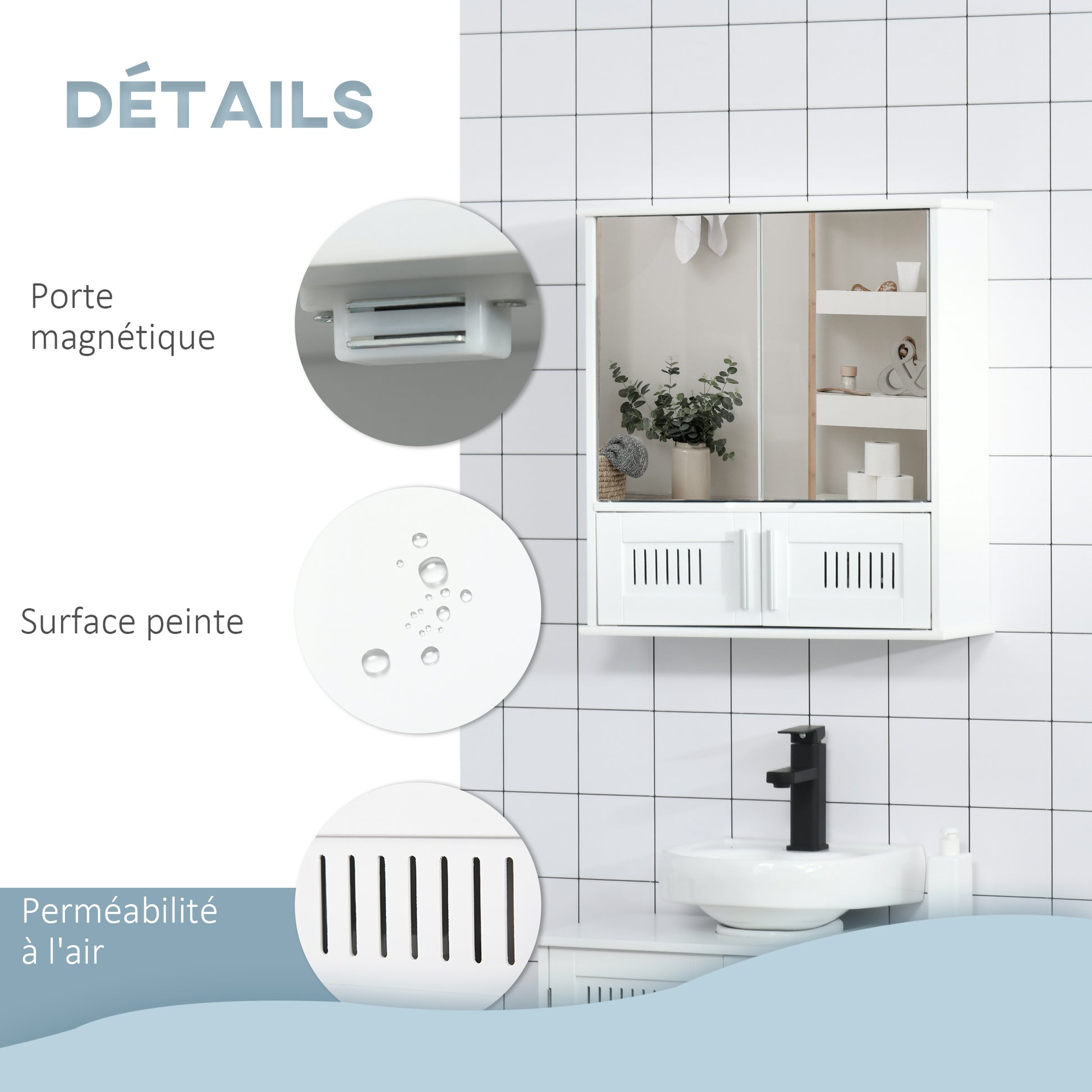 Wall-mounted Bathroom Mirror Cabinet - Mirror Cabinet - Toilet Storage Cupboard - 4 Doors, Shelf - White MDF Glass