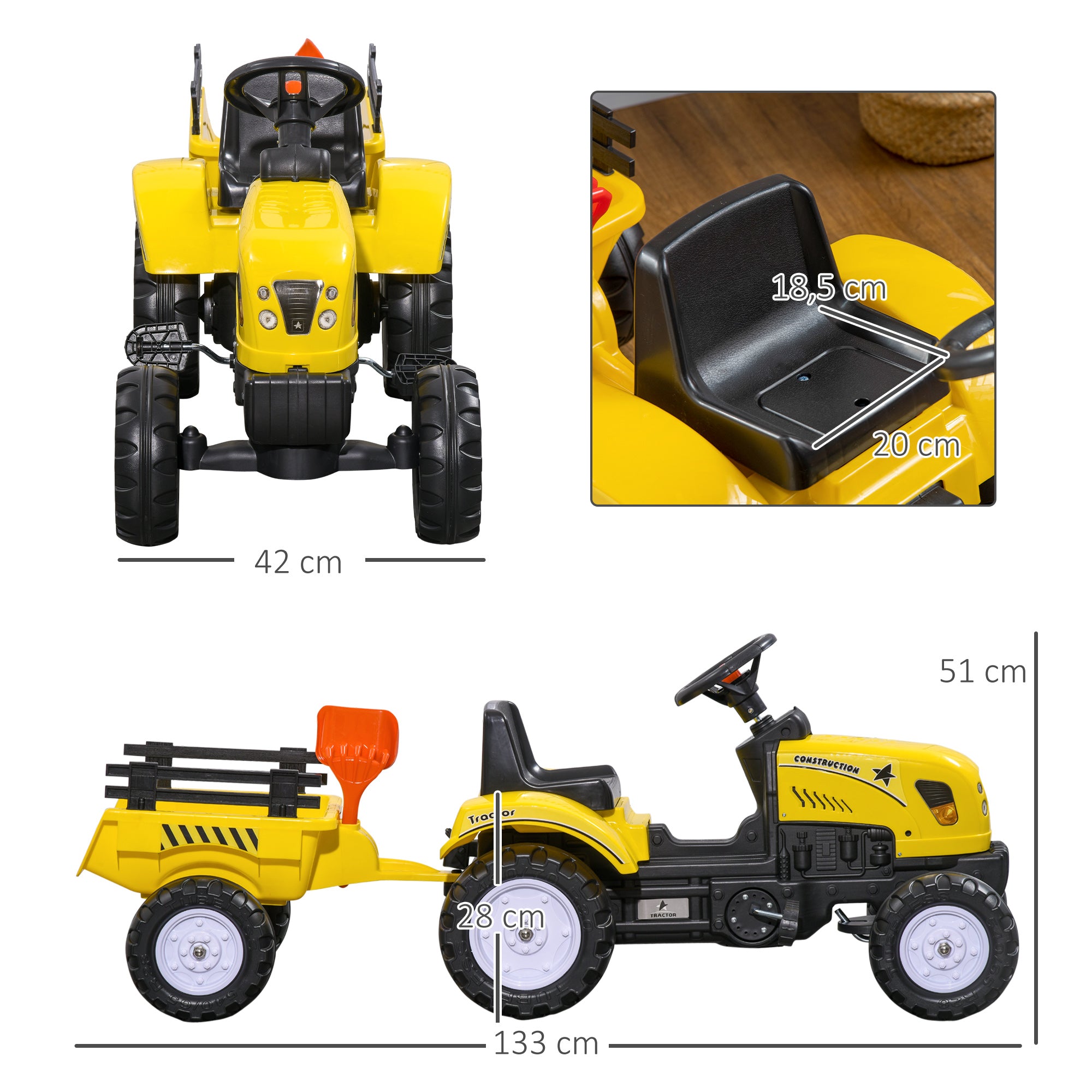Pedal Tractor with Trailer Pedal Car Tractor Children's Pedal Tractor Toy for Children from 3 Years Old for Outdoor, Garden, Metal Yellow 133 x 42 x 51 cm