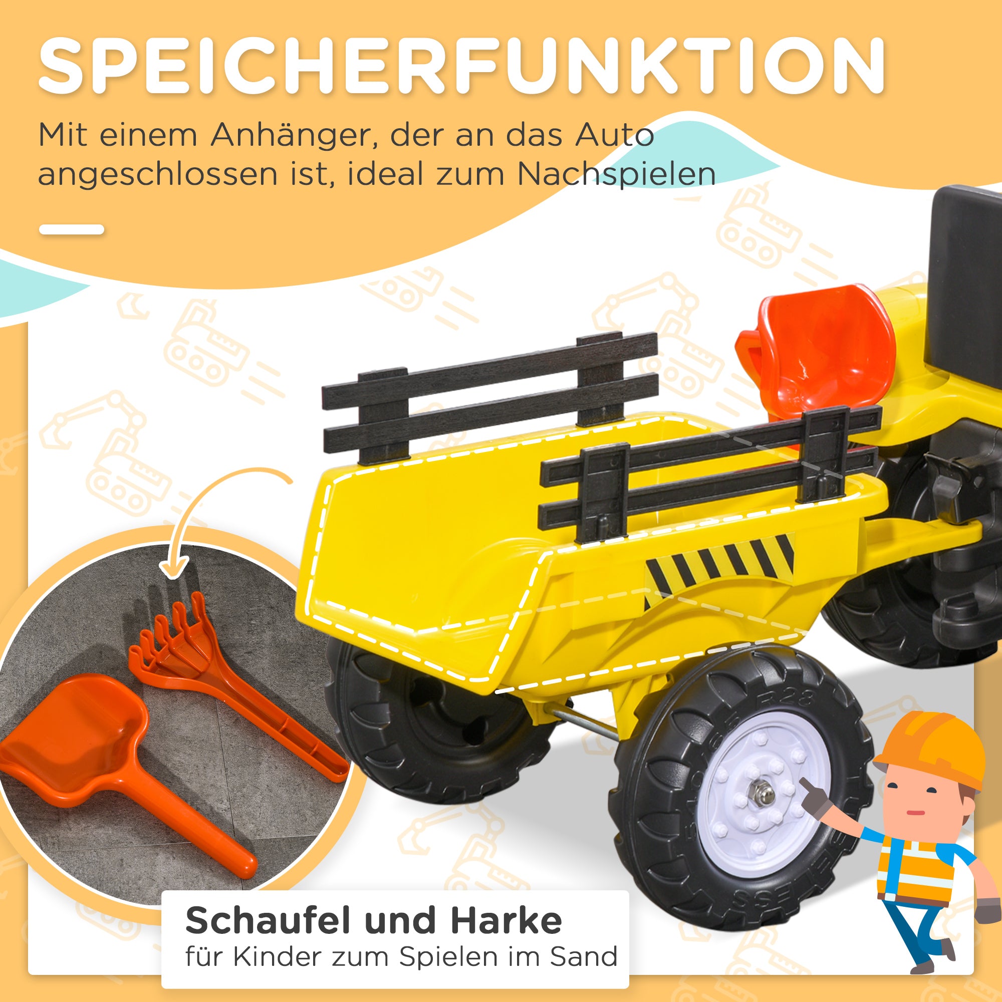 Pedal Tractor with Trailer Pedal Car Tractor Children's Pedal Tractor Toy for Children from 3 Years Old for Outdoor, Garden, Metal Yellow 133 x 42 x 51 cm