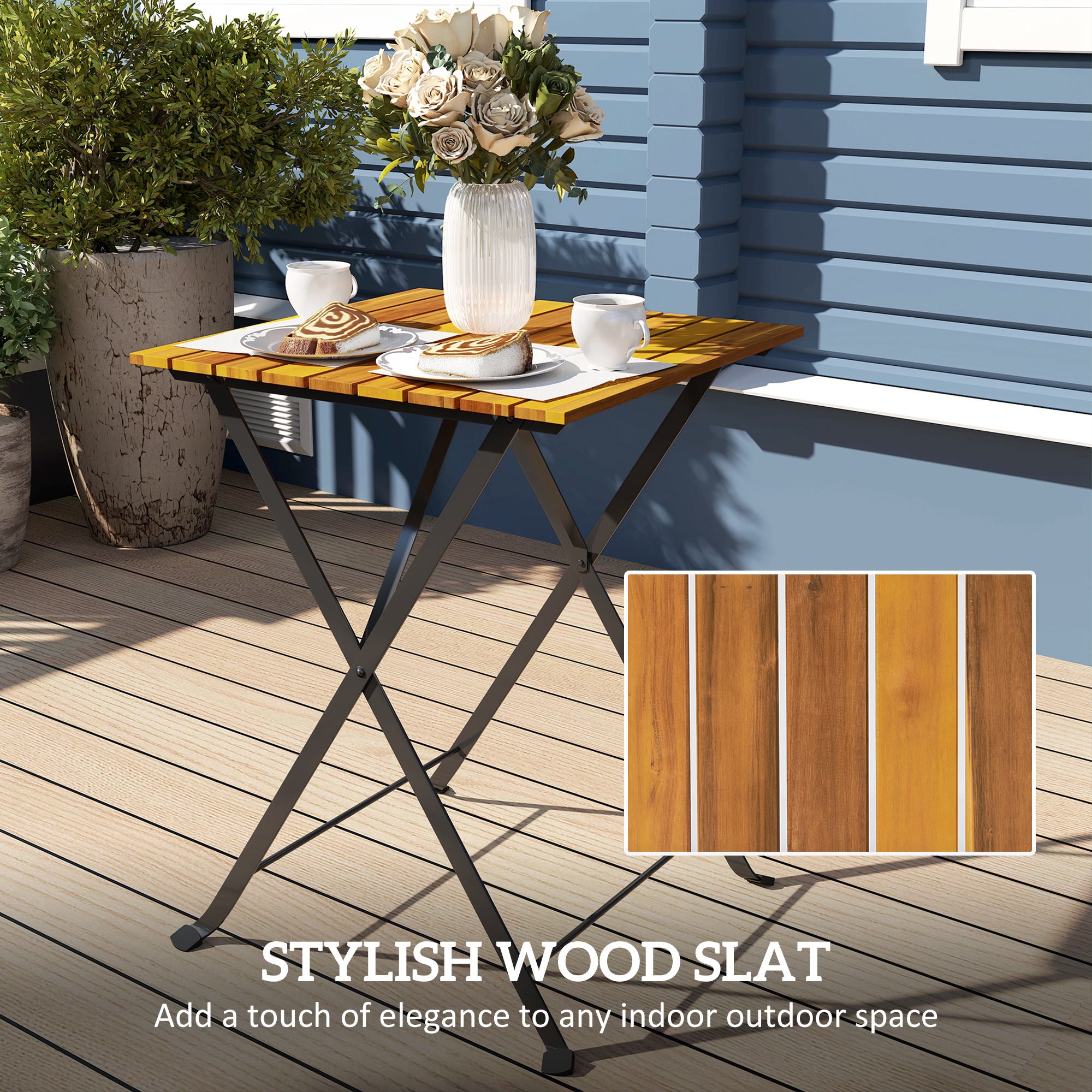 3-Piece Teak Bistro Set for 2 – Folding Table + 2 Folding Chairs, Steel-Frame Patio/Balcony Dining Set