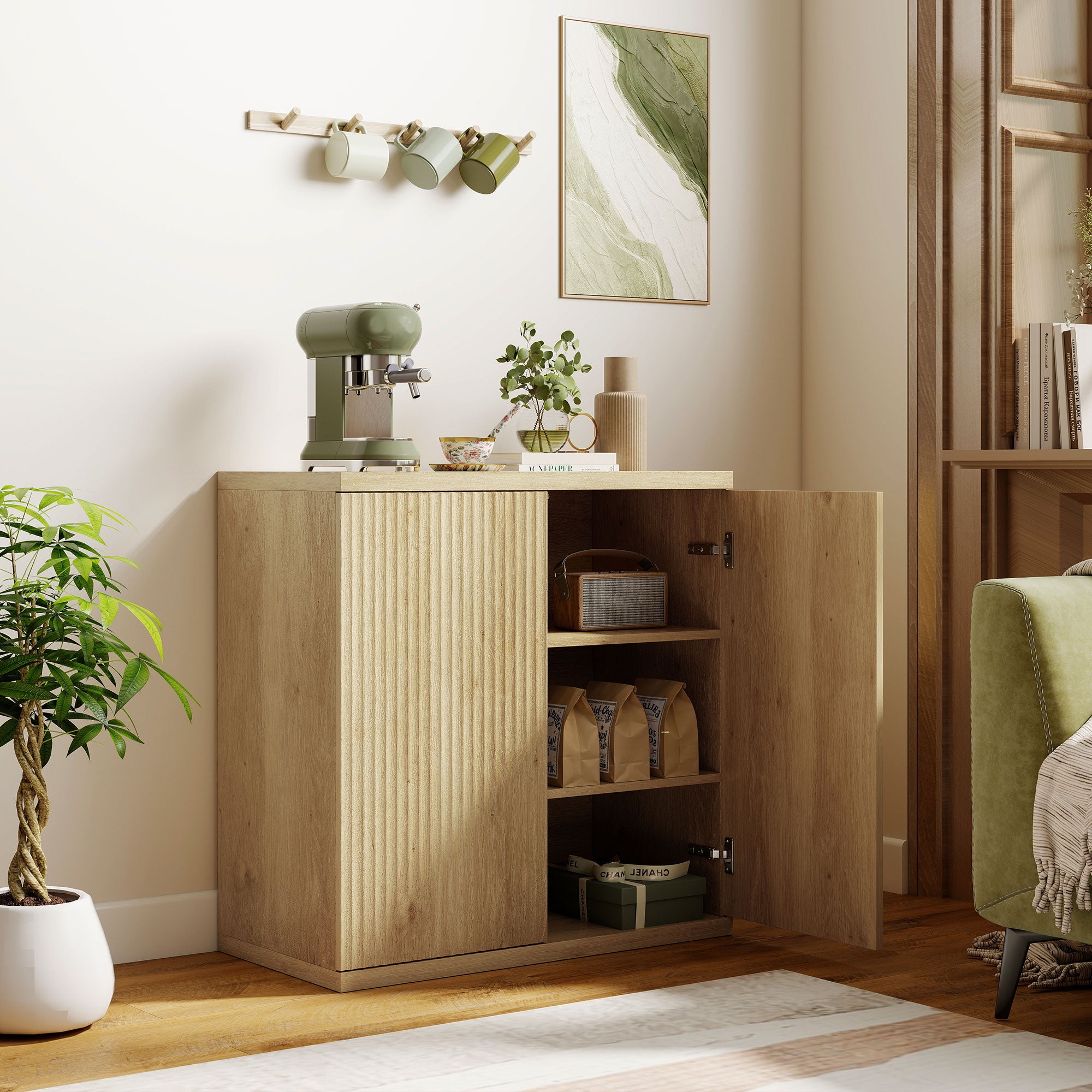 Oak Sideboard, Double Soft-Close Doors with Adjustable Shelf, Modern Sideboard for Dining Room & Kitchen, 30.7 x 15.4 x 31.1 in (78 x 39 x 79 cm)