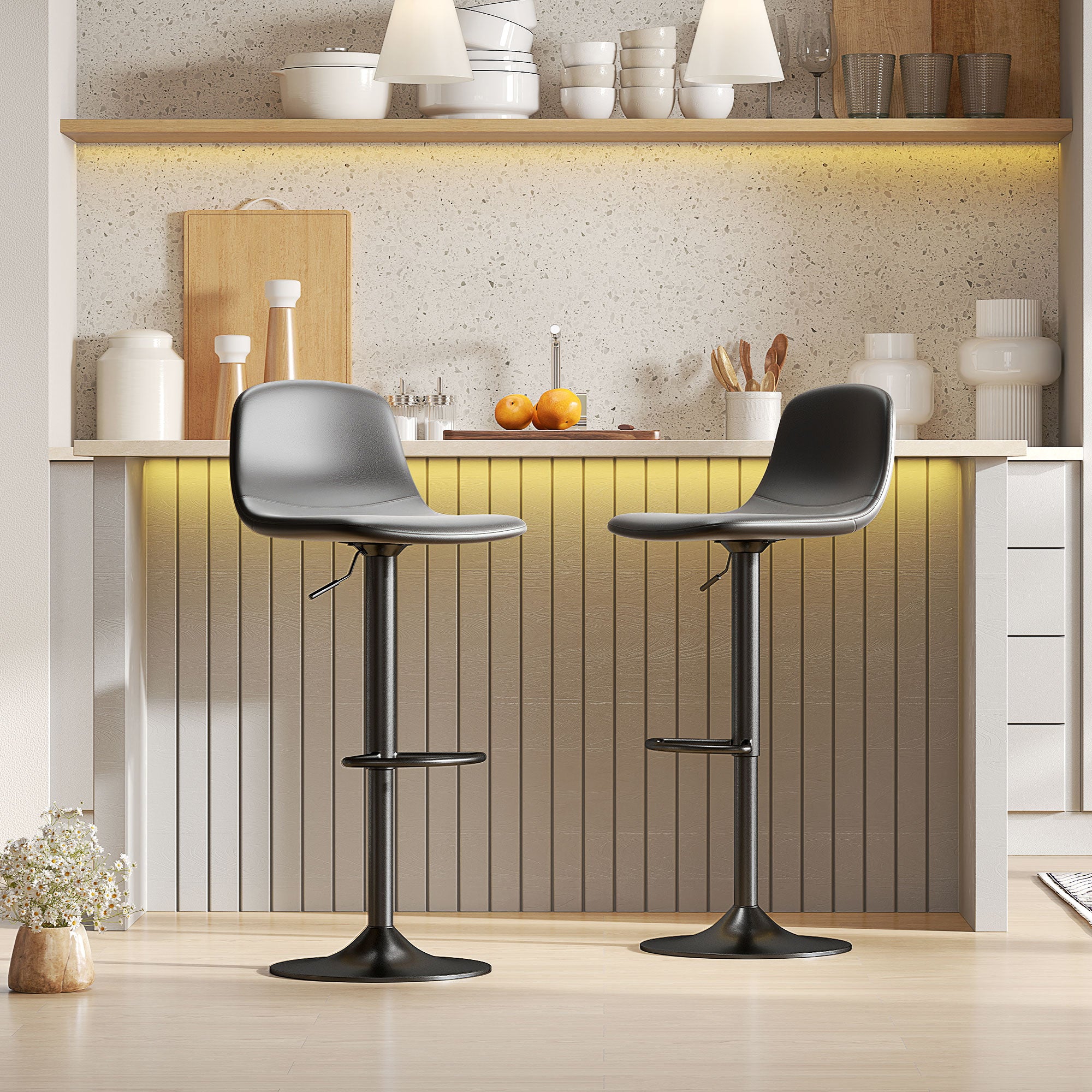 Set of 2 Bar Stools Height-Adjustable Swivel Barstool Counter Stools with Backrest and Footrest, Non-Slip Stools, Faux Leather, Black