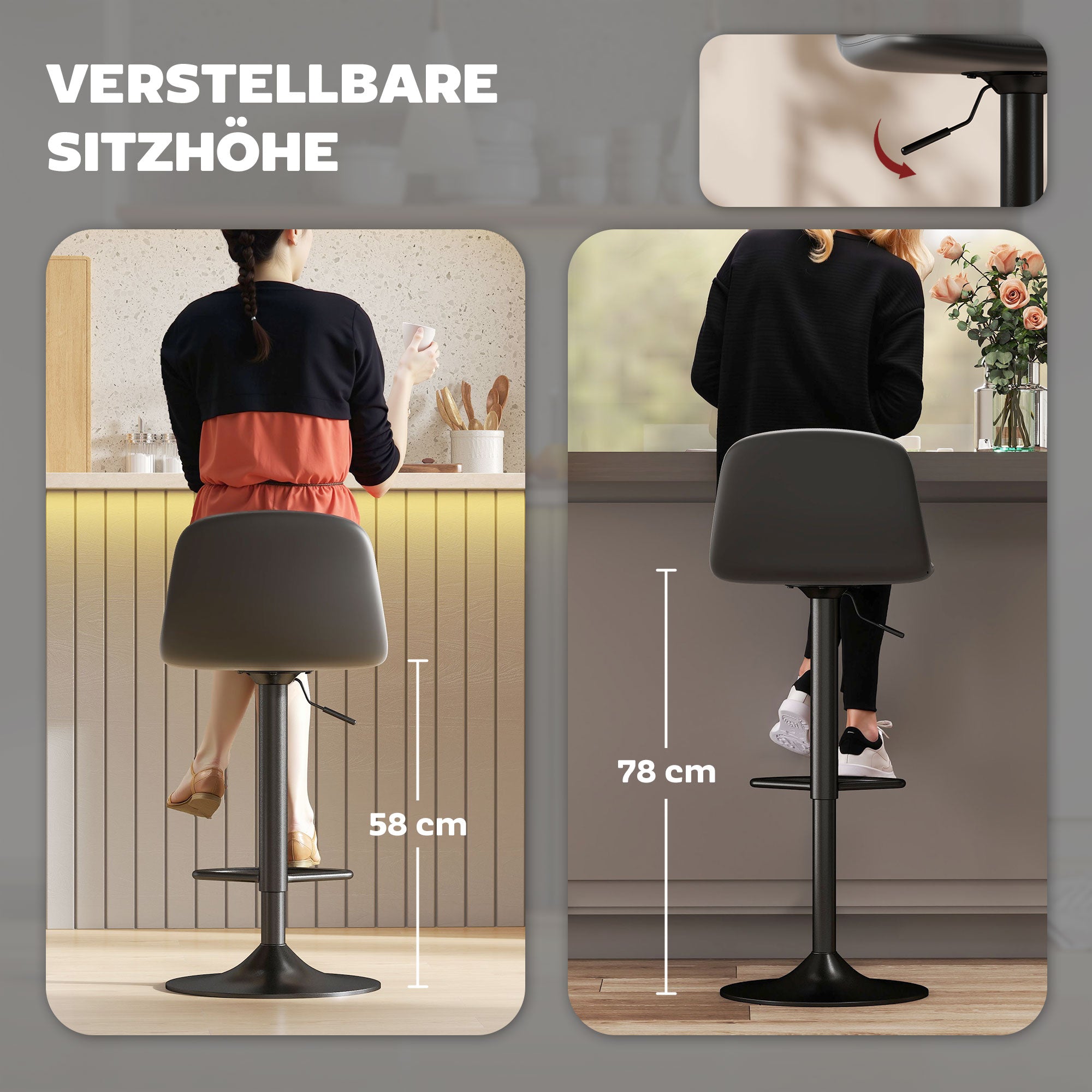 Set of 2 Bar Stools Height-Adjustable Swivel Barstool Counter Stools with Backrest and Footrest, Non-Slip Stools, Faux Leather, Black