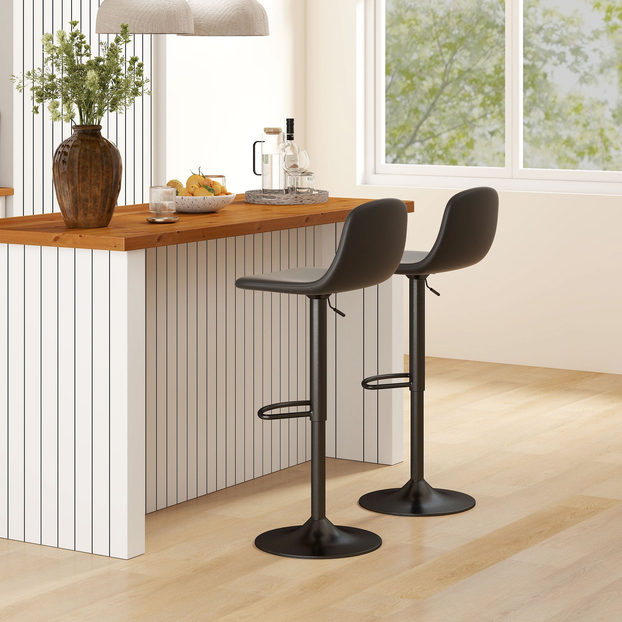 Set of 2 Bar Stools Height-Adjustable Swivel Barstool Counter Stools with Backrest and Footrest, Non-Slip Stools, Faux Leather, Black