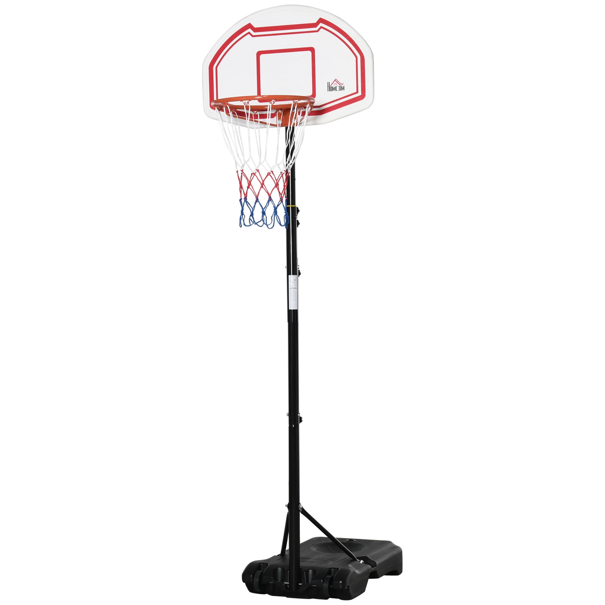 Outdoor Basketball Hoop with Pole, Backboard, Wheeled Weighted Base Adjustable Height 2.1-2.6m (Hoop) - Black, White, and Red