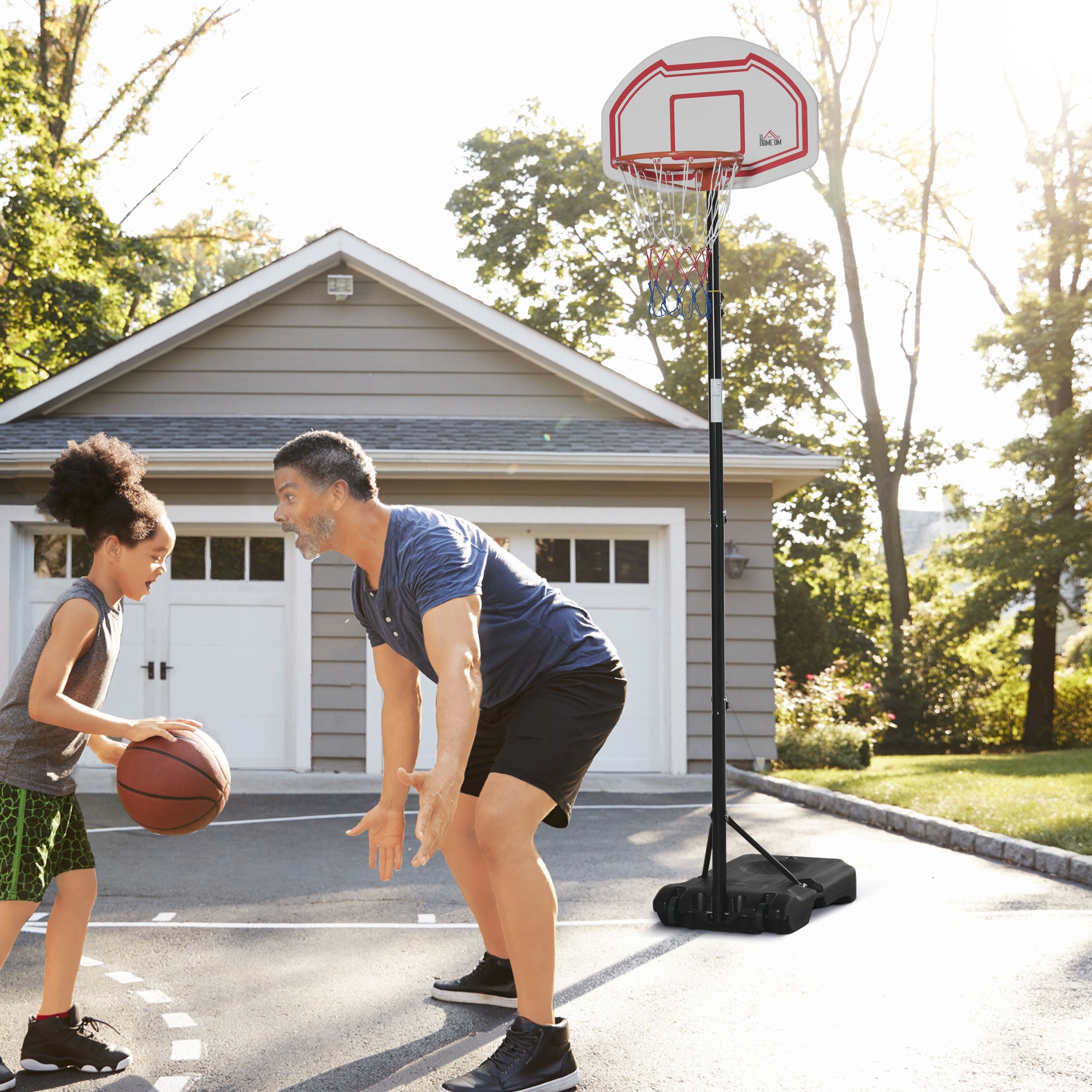 Outdoor Basketball Hoop with Pole, Backboard, Wheeled Weighted Base Adjustable Height 2.1-2.6m (Hoop) - Black, White, and Red
