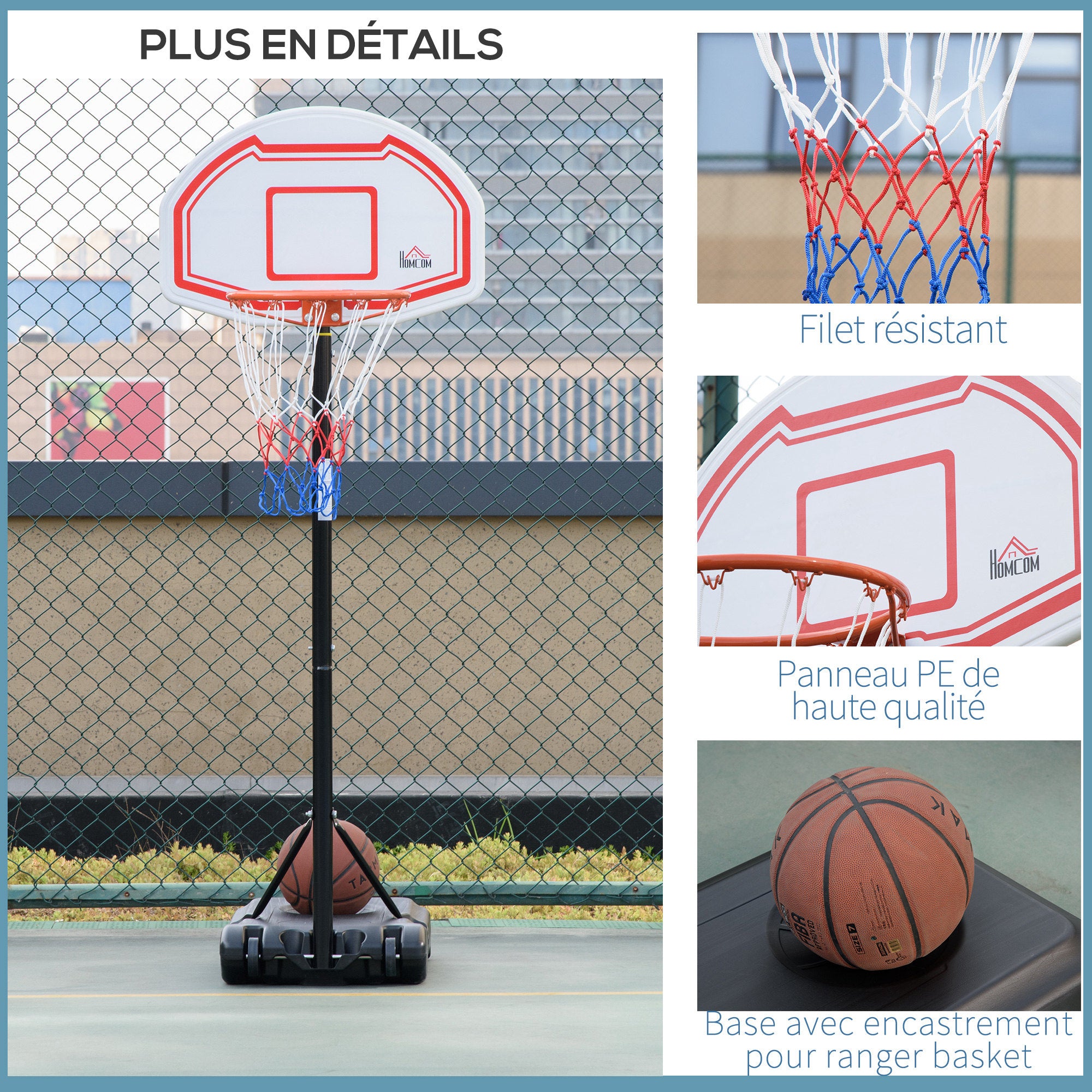 Outdoor Basketball Hoop with Pole, Backboard, Wheeled Weighted Base Adjustable Height 2.1-2.6m (Hoop) - Black, White, and Red