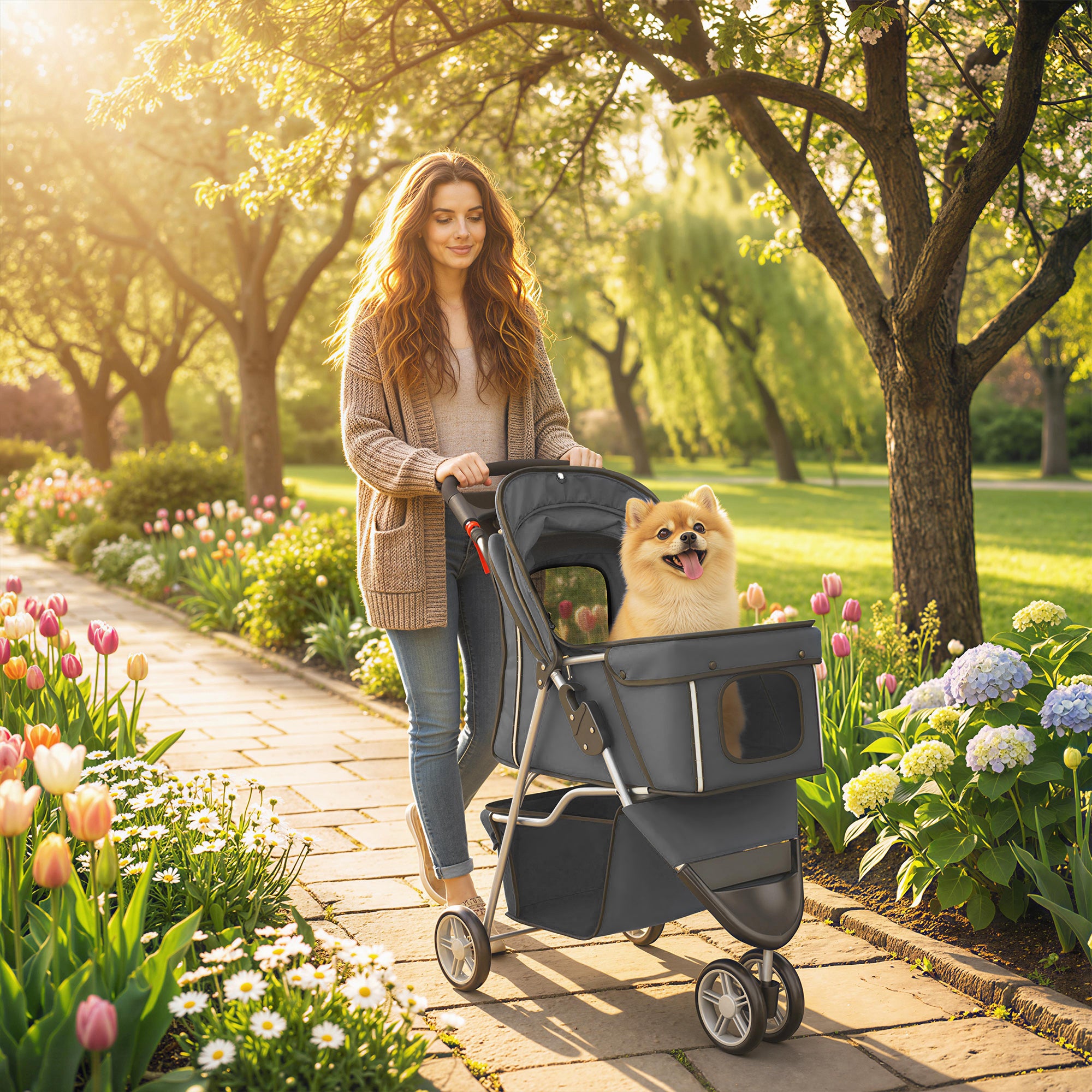 Folding Dog Stroller for Small Dogs with Storage Basket, Mesh Windows, Cup Holder & Wheels — 22 lb Capacity, 30.3 x 17.3 x 40.2 in, Dark Gray