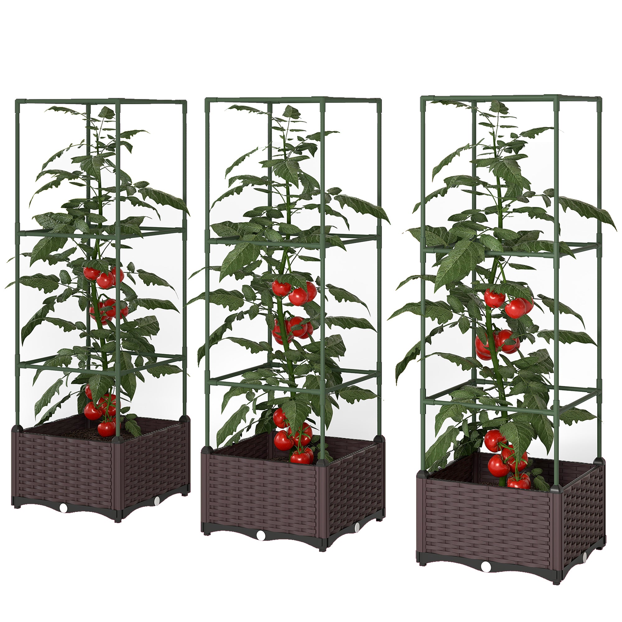 Raised Bed with Trellis — 3-Piece Planter Set for Flowers, Climbing Plants & Vegetables, Drainage Holes, Green/Dark Brown, 40 x 40 x 125 cm (15.7 x 15.7 x 49.2 in)