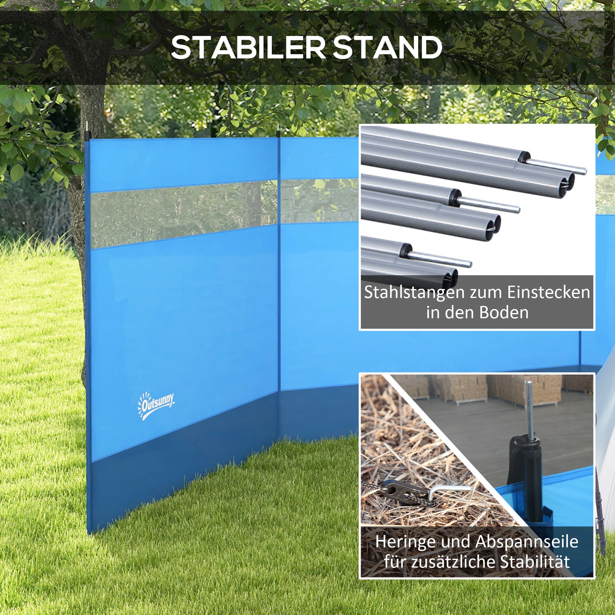 Folding Windbreak Camping Privacy Screen with Light Source Window, Pegs, Ropes, Windbreak Fence Beach Windshield Sun Shade for Camping Garden, Beach, Patio 440 x 140 cm Blue