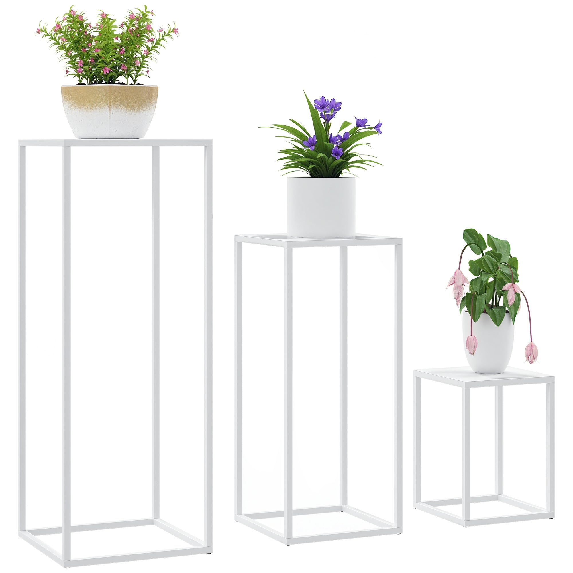Set of 3 Stackable Metal Square Plant Stands Flower Pot Holders Indoor Outdoor, for Garden, Balcony, Home, White