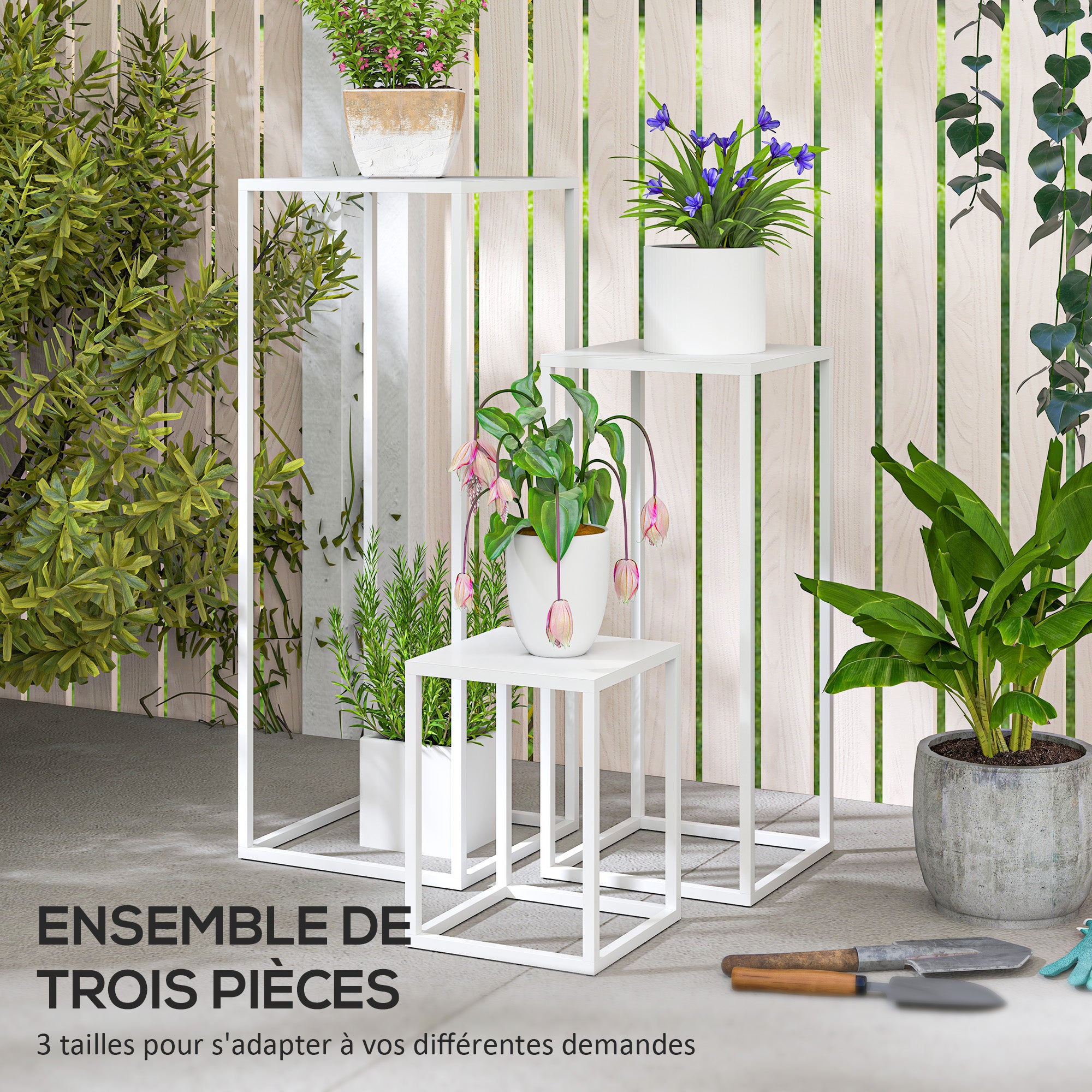 Set of 3 Stackable Metal Square Plant Stands Flower Pot Holders Indoor Outdoor, for Garden, Balcony, Home, White