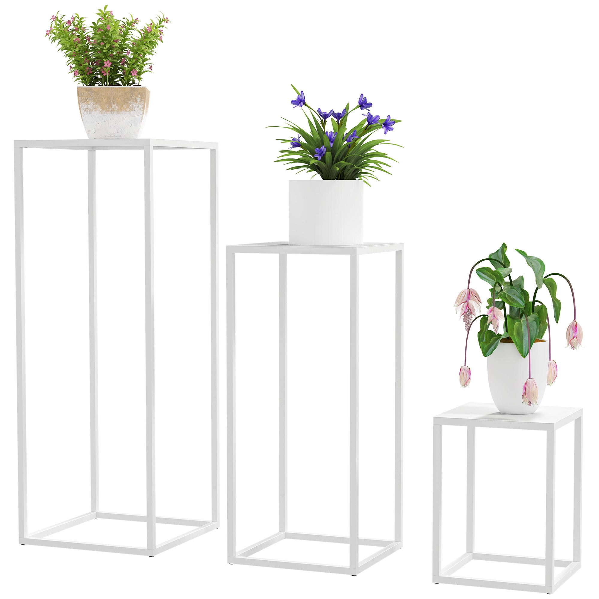 Set of 3 Stackable Metal Square Plant Stands Flower Pot Holders Indoor Outdoor, for Garden, Balcony, Home, White