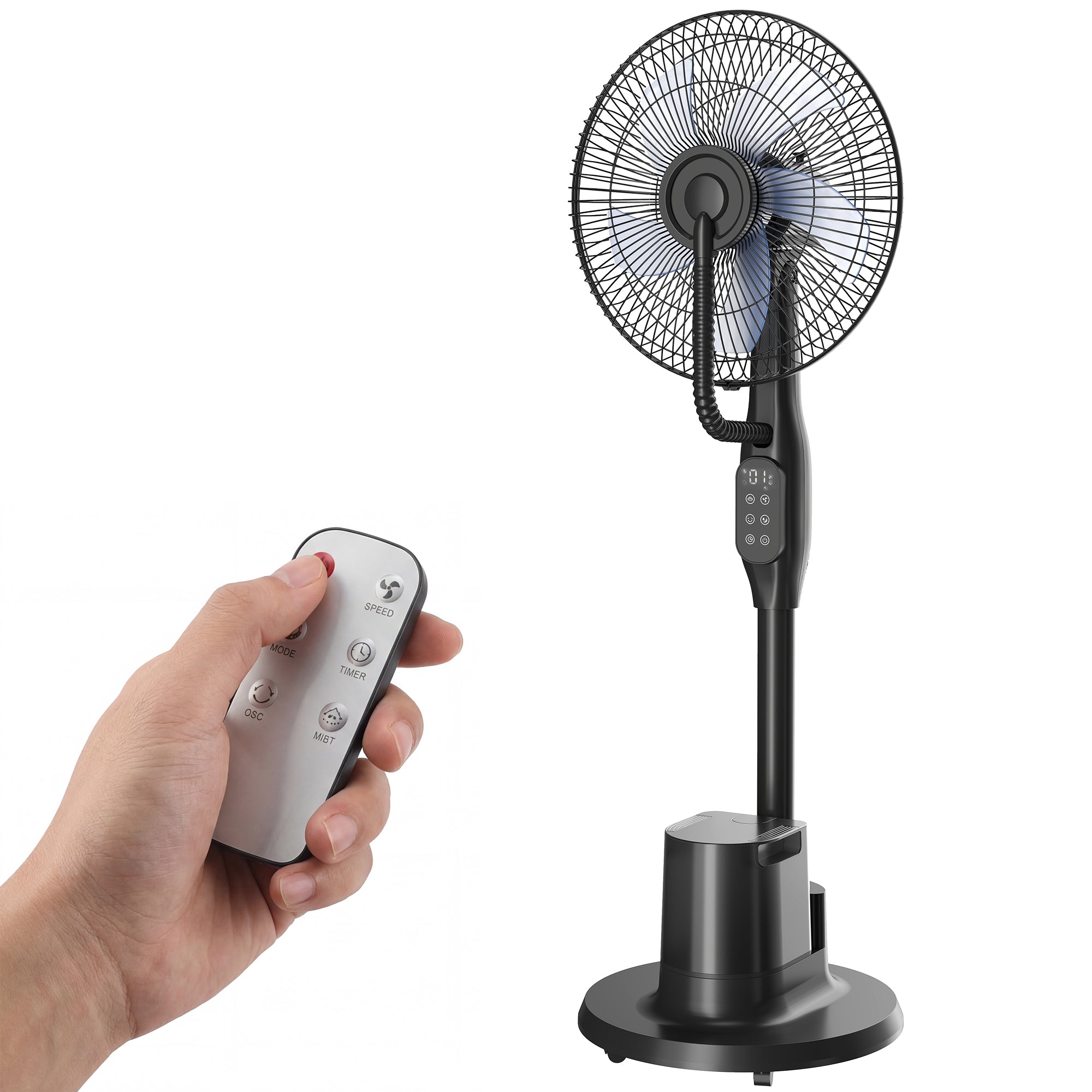 Quiet Misting Pedestal Fan — 90W, 128 cm (50.4") Height, 70° Oscillation, 3 Speeds & 3 Modes, 3.5 L Tank, Remote, 8-Hour Timer — Black