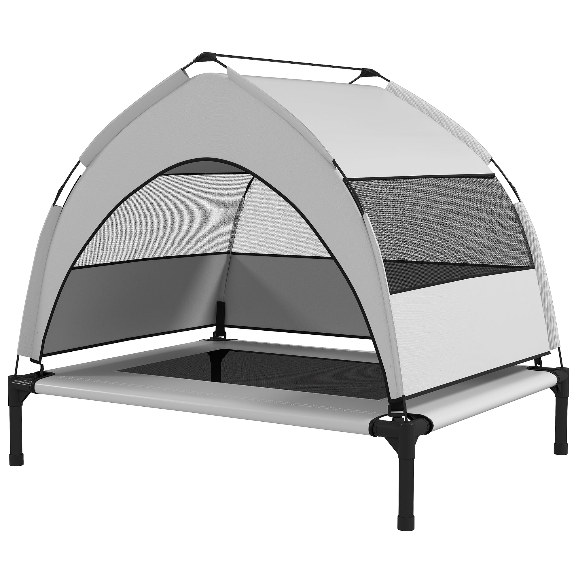 Elevated Outdoor Dog Bed with Canopy — Cooling Pet Lounger for Small to Medium Dogs, Steel Frame, Storage Bag, 30 x 24 x 24 in (Light Gray)