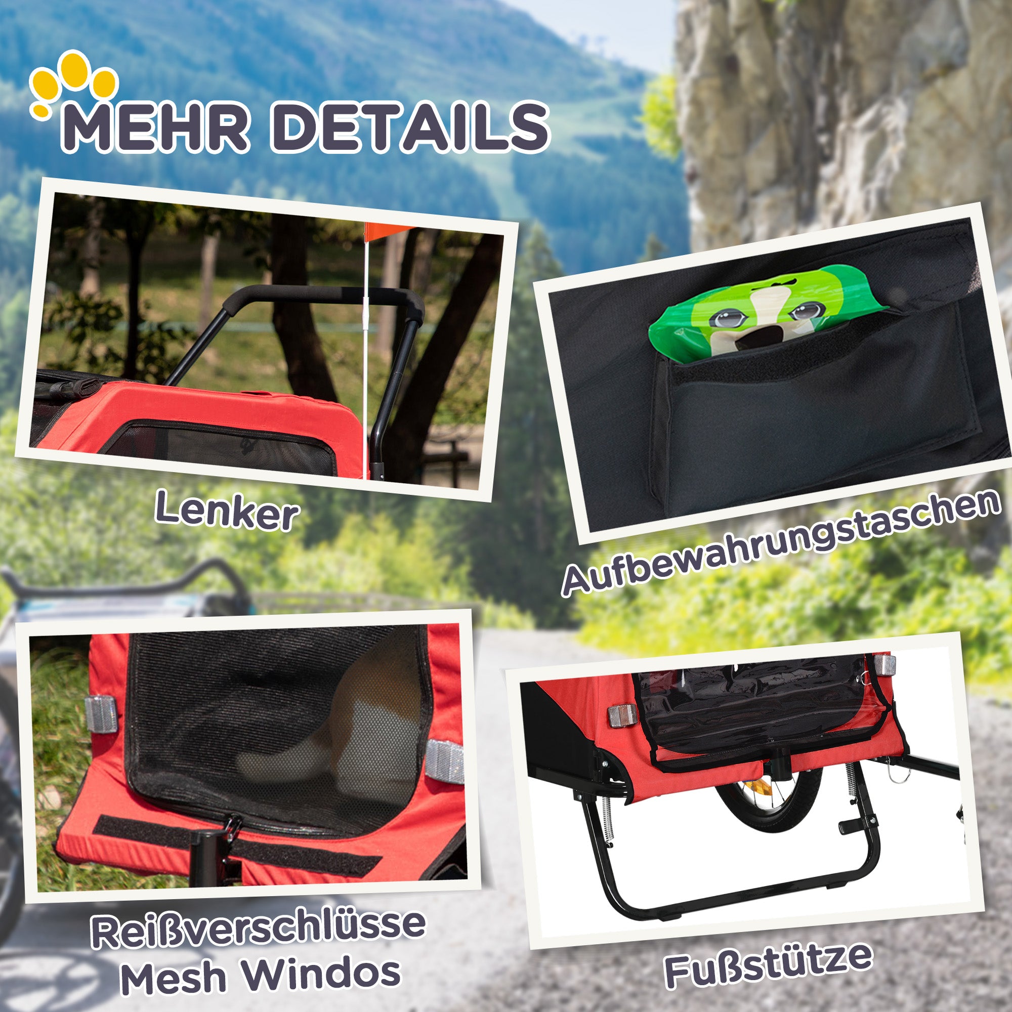 2-in-1 Dog Trailer, Bike Trailer for Dogs, Dog Wagon with Reflectors, Dog Buggy max. 30 kg, Dog Bike Trailer for Large Dogs, Oxford Fabric, Red