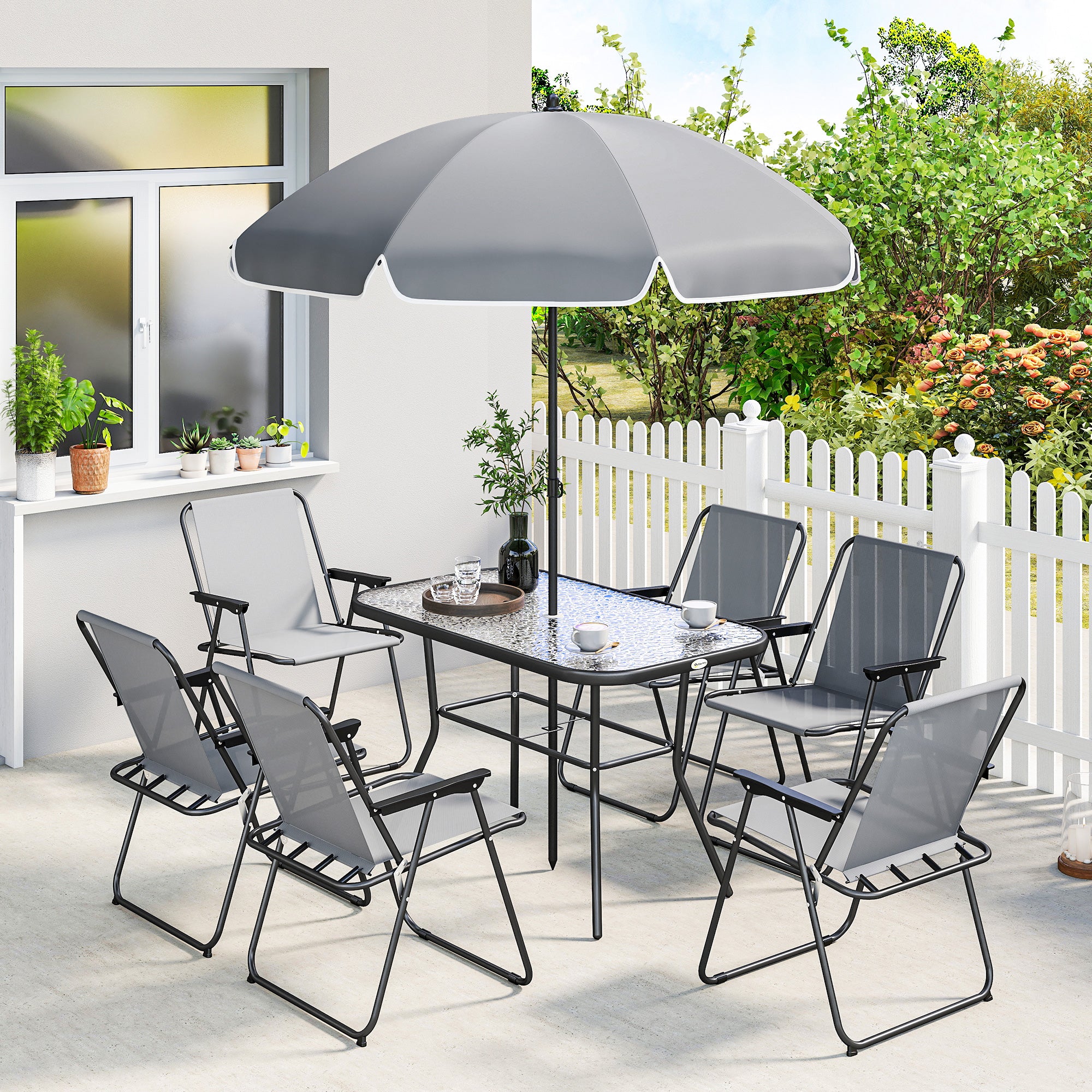 8-Piece Outdoor Patio Set — Table with Tempered Glass Top, 6 Folding Chairs & Parasol, Rust-Resistant Steel Frame, Grey
