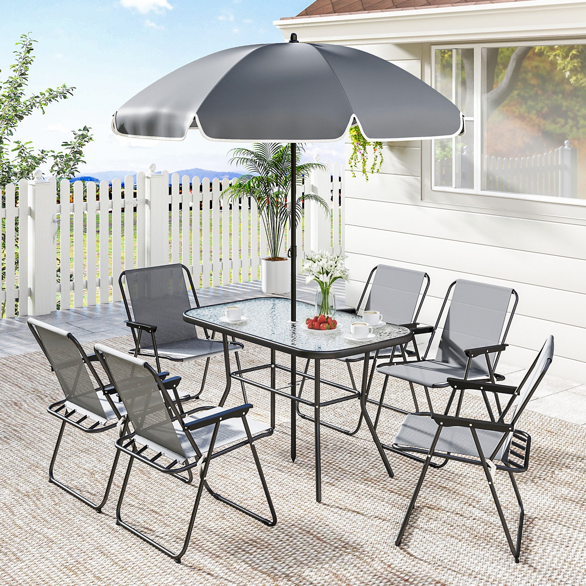 8-Piece Outdoor Patio Set — Table with Tempered Glass Top, 6 Folding Chairs & Parasol, Rust-Resistant Steel Frame, Grey