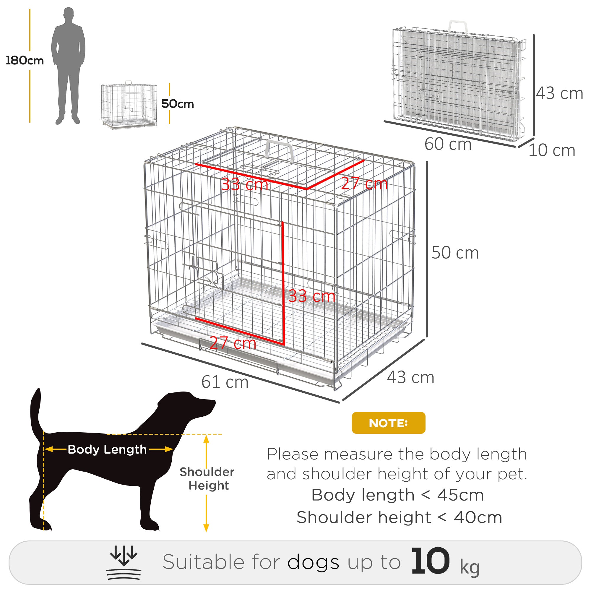 Foldable Metal Wire Dog Crate with Removable Tray, 1 Door with Lock - 61 x 43 x 50 cm White