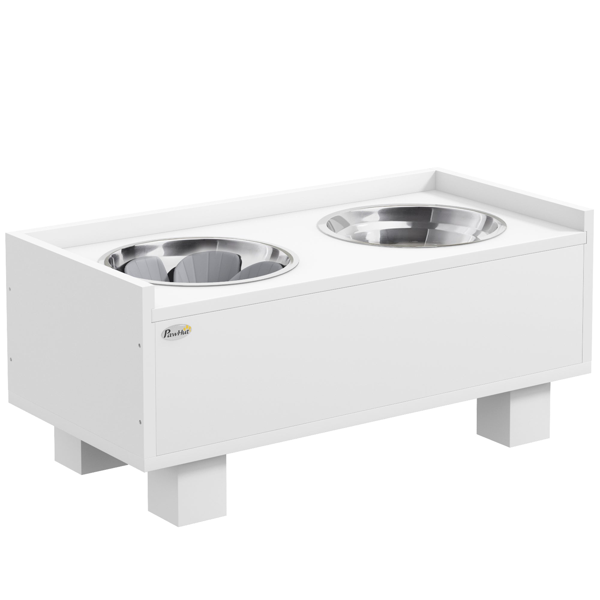 Raised Dog Bowl, Height Adjustable Feeding Bowl for Dogs with Storage, 2 x 1L Stainless Steel Bowls, Anti-Gulping Mat, for Medium-Sized Dogs, White
