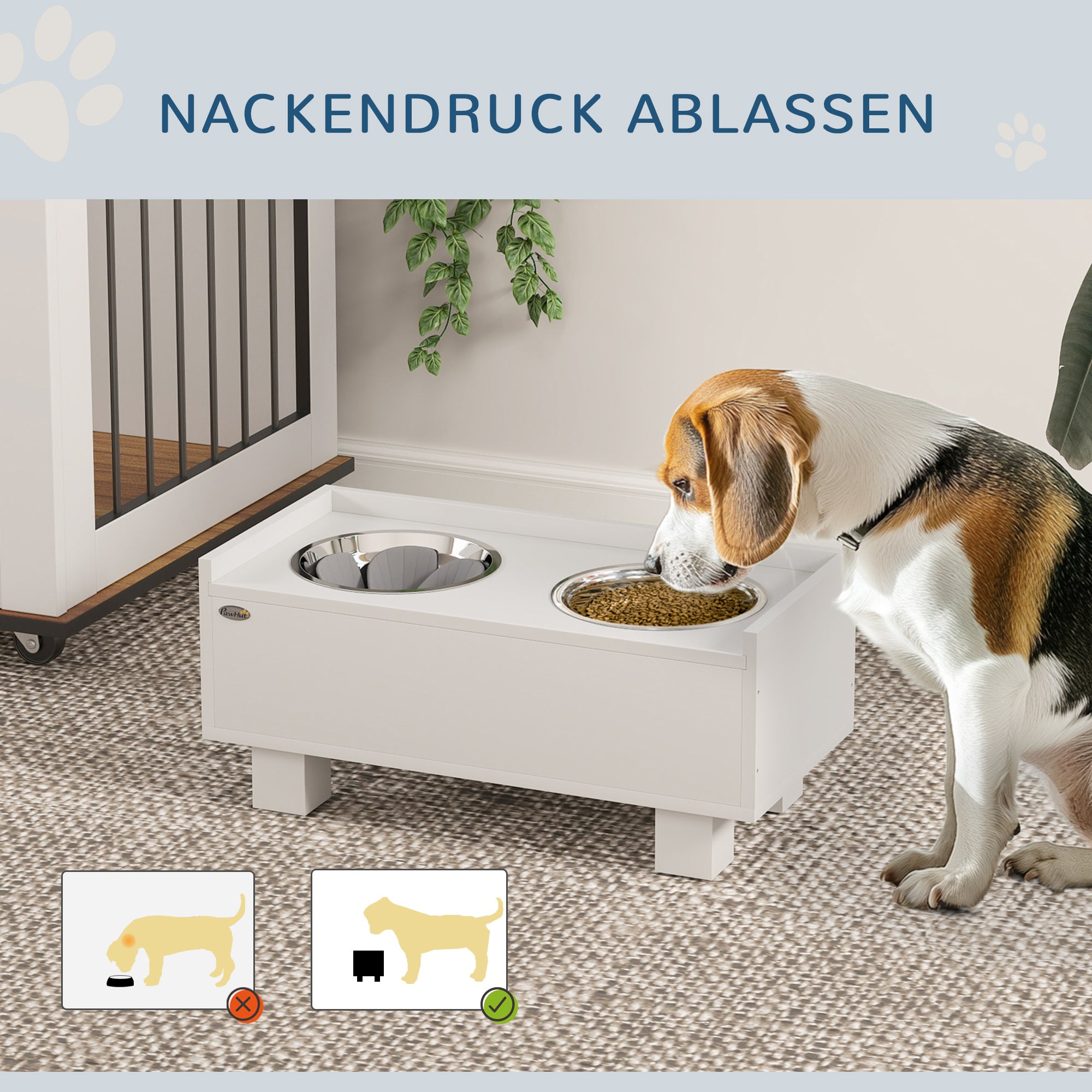 Raised Dog Bowl, Height Adjustable Feeding Bowl for Dogs with Storage, 2 x 1L Stainless Steel Bowls, Anti-Gulping Mat, for Medium-Sized Dogs, White