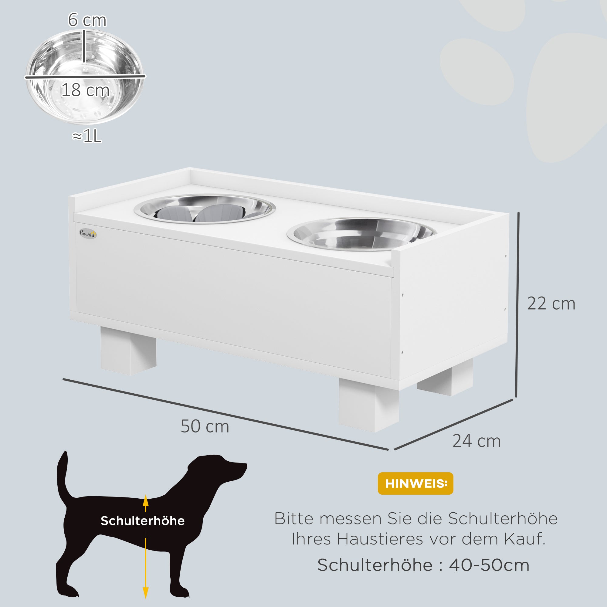 Raised Dog Bowl, Height Adjustable Feeding Bowl for Dogs with Storage, 2 x 1L Stainless Steel Bowls, Anti-Gulping Mat, for Medium-Sized Dogs, White