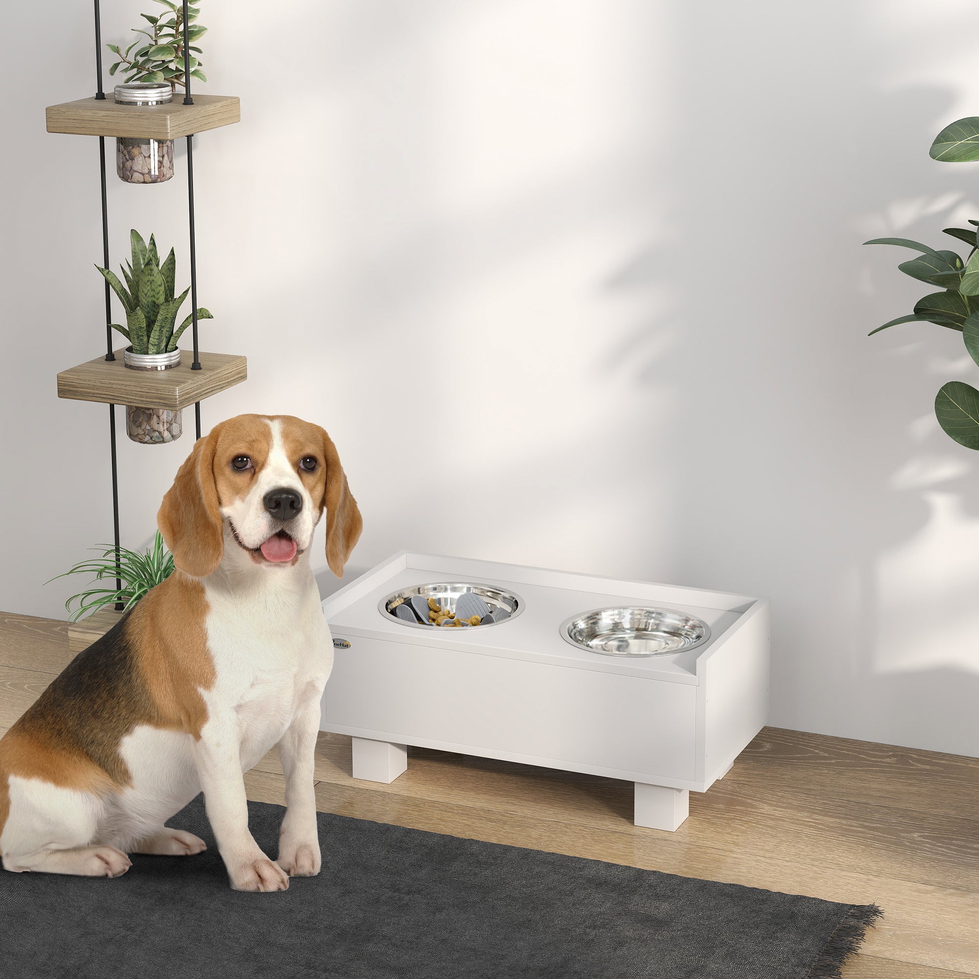 Raised Dog Bowl, Height Adjustable Feeding Bowl for Dogs with Storage, 2 x 1L Stainless Steel Bowls, Anti-Gulping Mat, for Medium-Sized Dogs, White