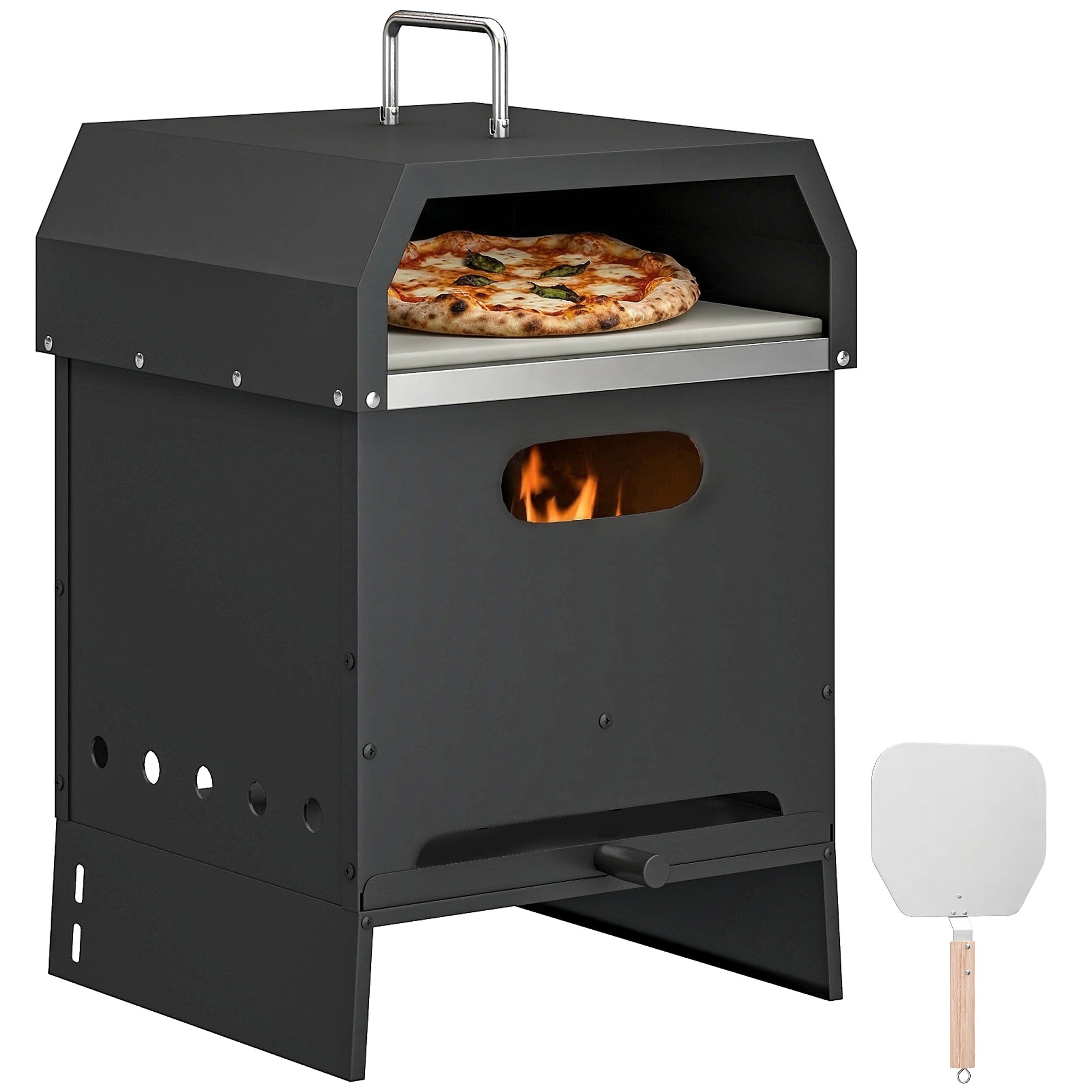 3-in-1 Outdoor Wood-Fired Pizza Oven, Stainless Steel 2-Tier Oven with Pizza Stone, Handles & Peel — Portable Patio Pizza Oven for Garden Parties