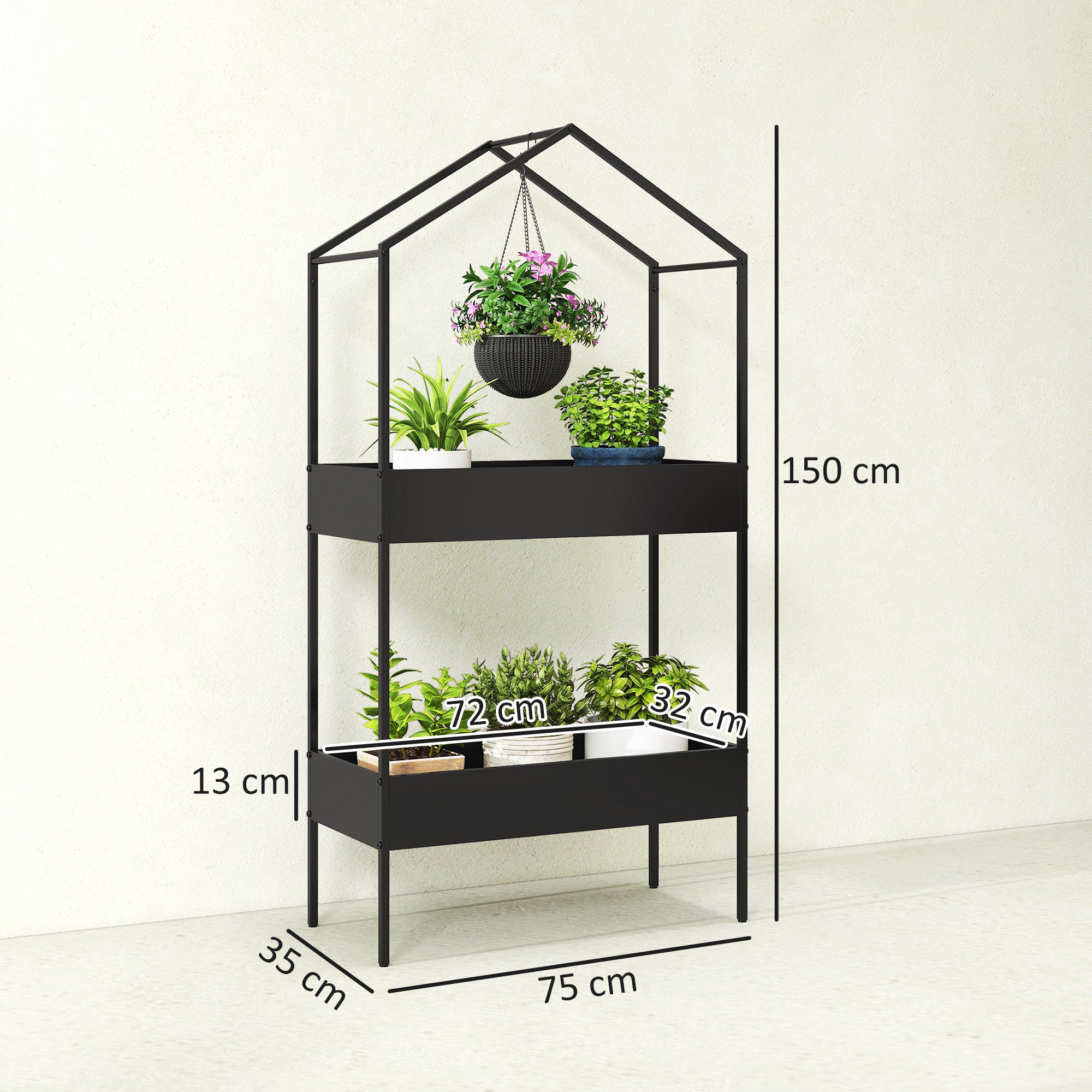 2-Tier House-Shaped Plant Stand with Hook, 150 cm (59 in) High, Metal Pot Shelves for Garden, Balcony & Home, Black