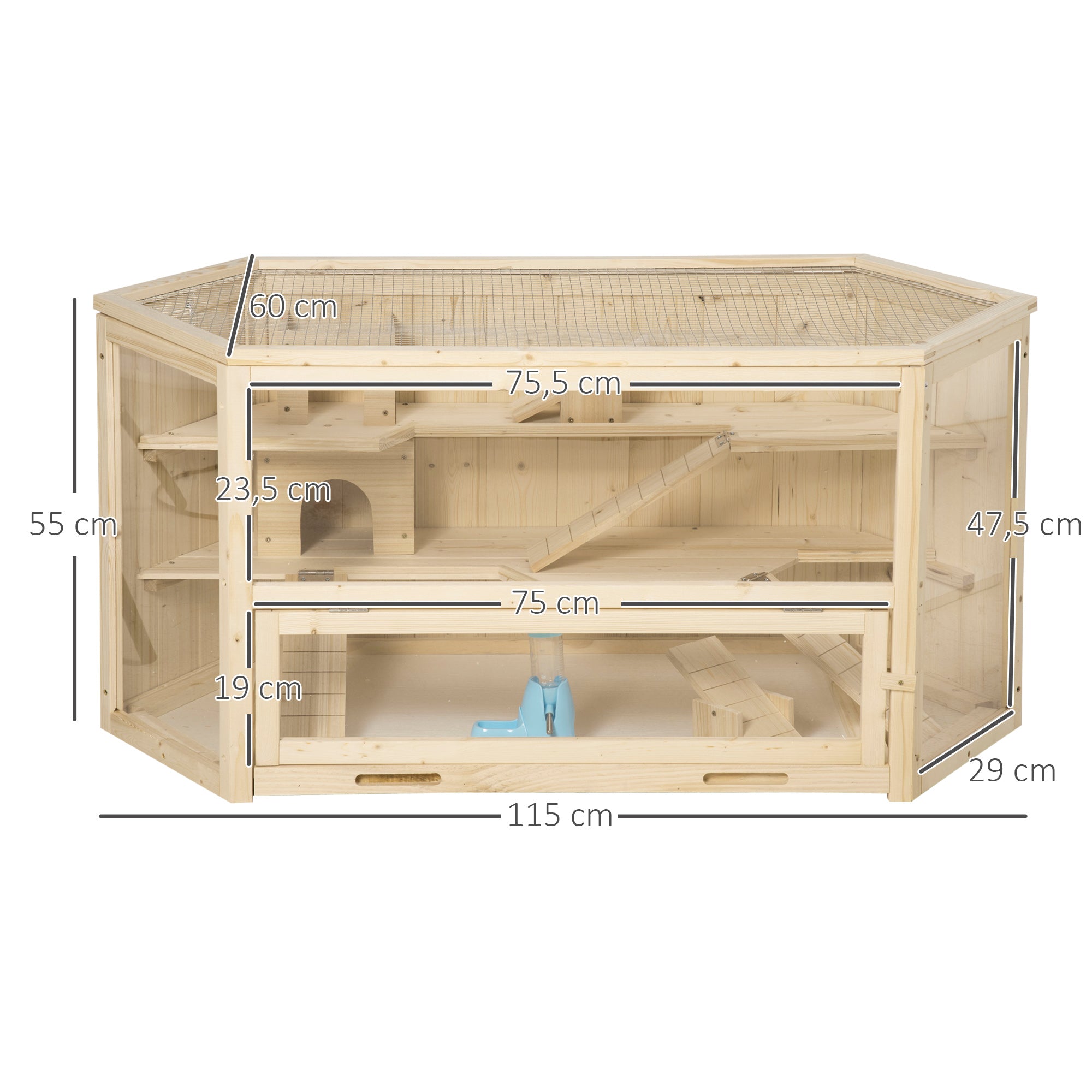 Hamster Cage made of Wood 3 Levels Terrarium Rodent Cage Small Animal Cage with Folding Lid Viewing Window Ramp Feeding Bowl Accessories, Small Animal House Wooden Cage Cage for Hamster 115x60x55cm Natural Wood